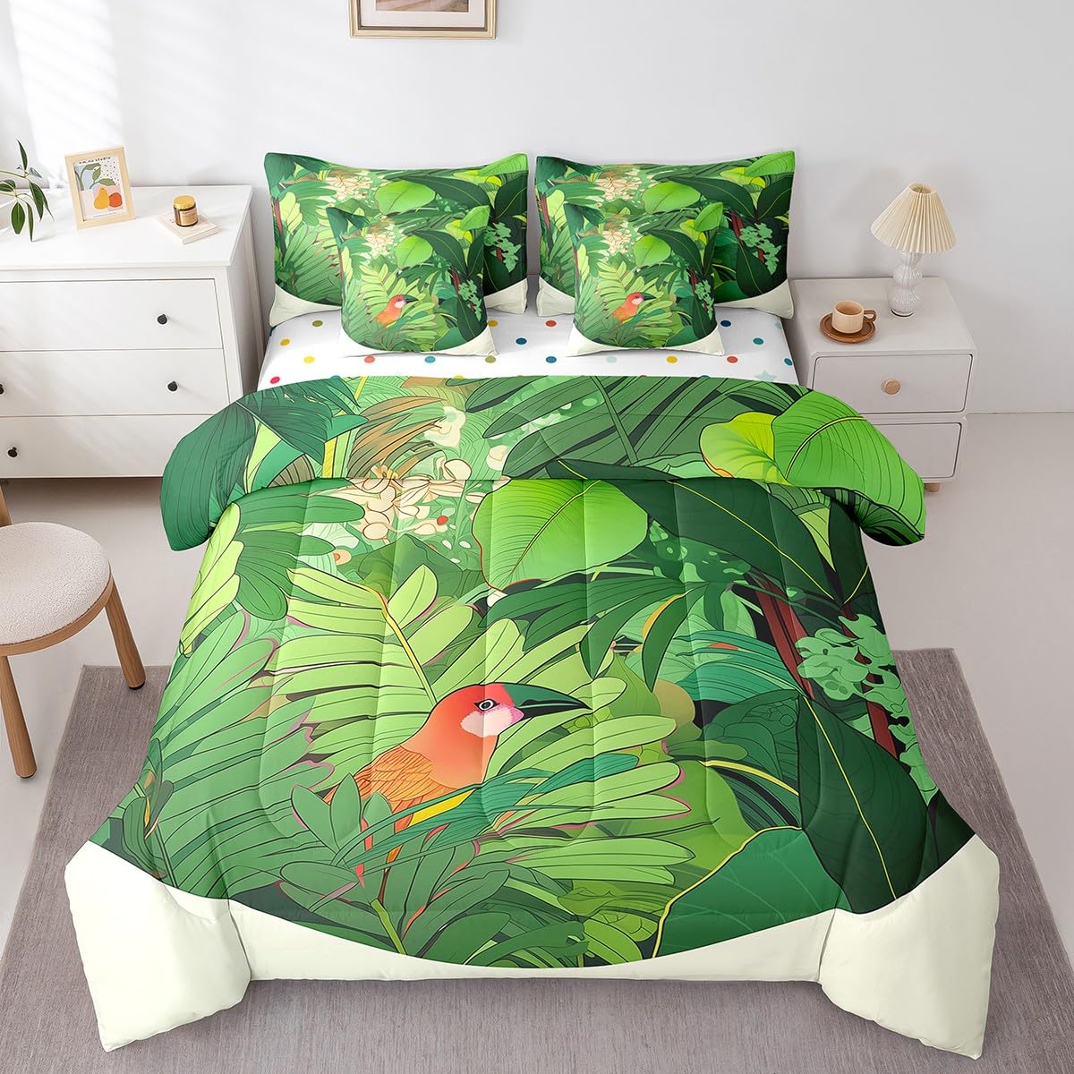 Erosebridal Palm Leaf Bedding Set King Size, Funny Toucan Hawaiian Summer Comforter Set, Tropical Plant Kids Teens (Comforter+Fitted+Flat Sheet+2 Pillowcases+2 Throw Pillow Covers) 7 Pieces Bed Set
