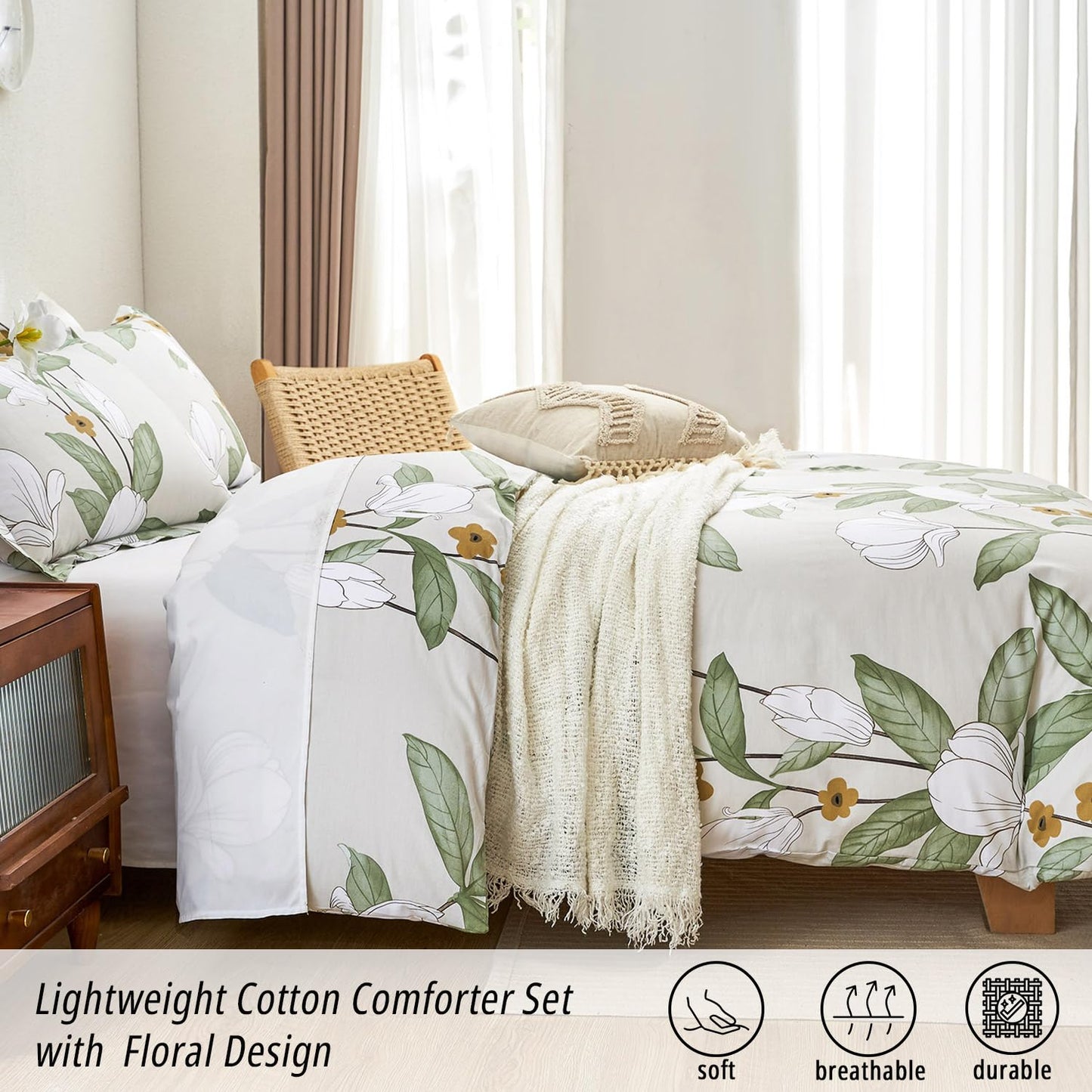 ALEISSEL Pale Moss Green Botanical Cotton Comforter King Size - 3PC Lightweight Bedding Sets with Ultra-Soft Alternative Fill, Floral Design with Leaf & White Magnolias (1 Comforter, 2 Pillowshams)