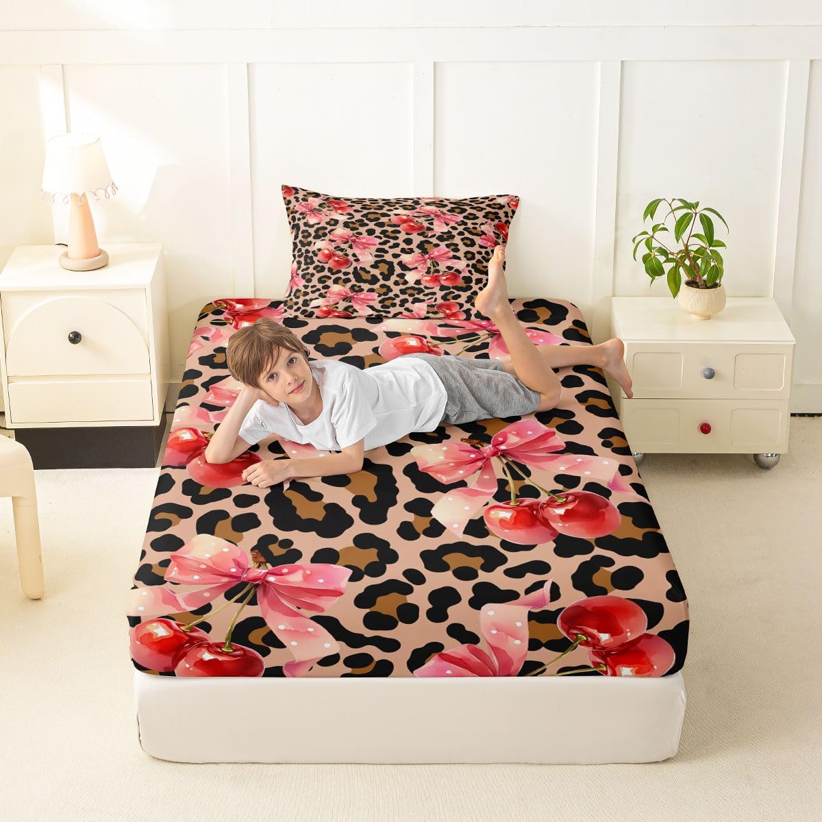 jejeloiu Brown Cherry Bow Fitted Sheet with 1 Pillowcase Twin Size Dreamy Princess Bowknot Bed Sheets Set 16" Deep Pocket Boys Girls Leopard Print Bowknot Bedding Teens Bedroom Decor Breathable
