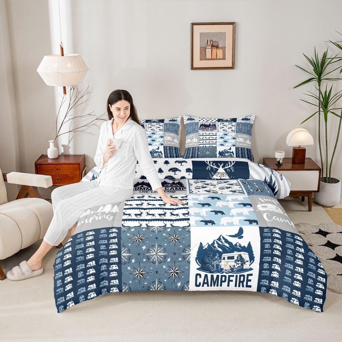 Erosebridal Happy Camping Bedding Set Queen Size for Boys Kids Teens, Camper Duvet Insert, Rustic Farmhouse Style Comforter Set, Sketch Drawing Camper Bedding, Camping Car Down Comforter, Blue