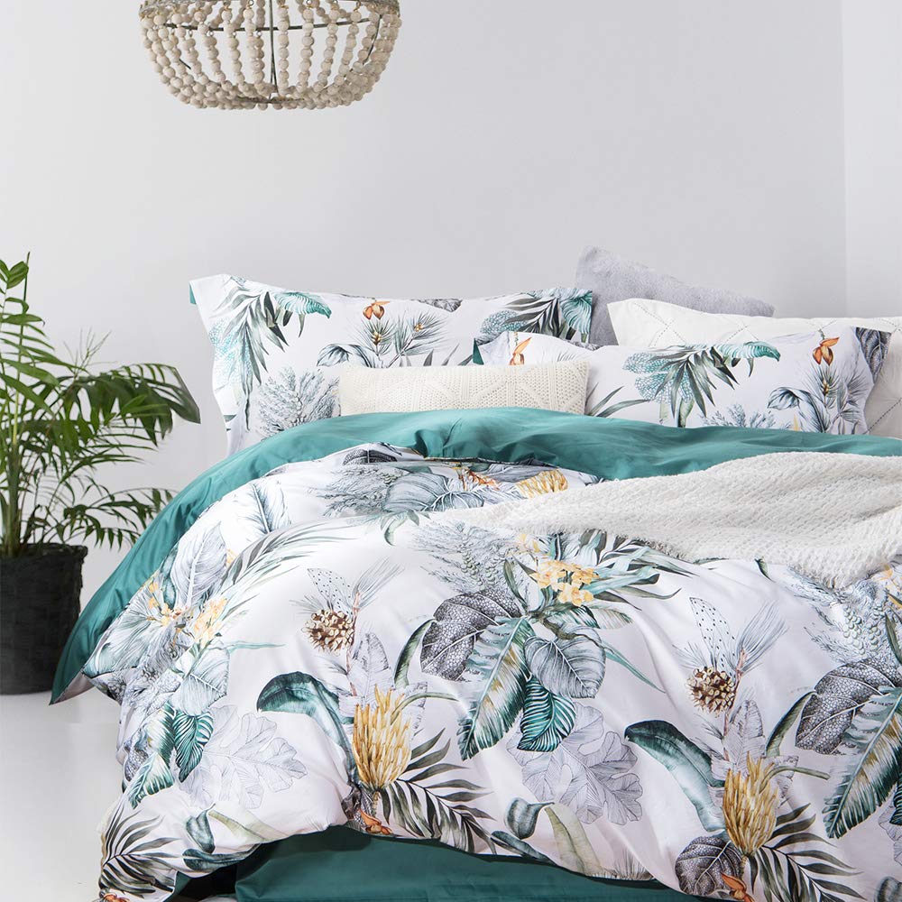 MILDLY 100% Long Staple Cotton Queen Duvet Cover Set, Green Palm Leaves Tropical Floral Comforter Cover Set