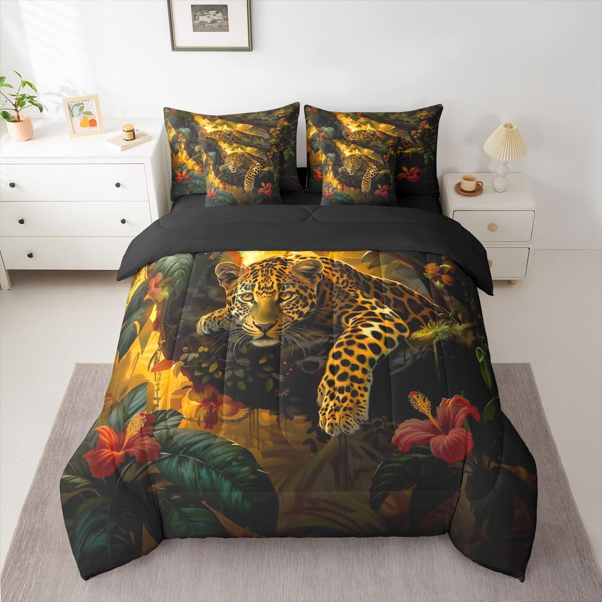 Feelyou Leopard Comforter Set with Sheets 7 Piece Queen Size Cheetah Print Bedding Set for Kids Boys Girls Wild Animal Bed in a Bag Safari Room Decor Soft Microfiber