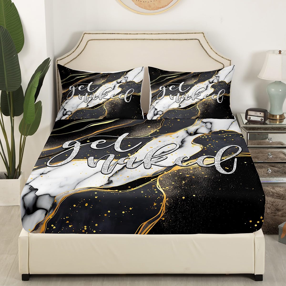 Feelyou Get Naked Bedding Set Kids Marble Bed Sheet Set Grey Black White Gold Fitted Sheet for Boys Girls Women Men Bedroom Decor Funny Quote Simple Modern Lightweight Bedding Sheets Full Size 3Pcs