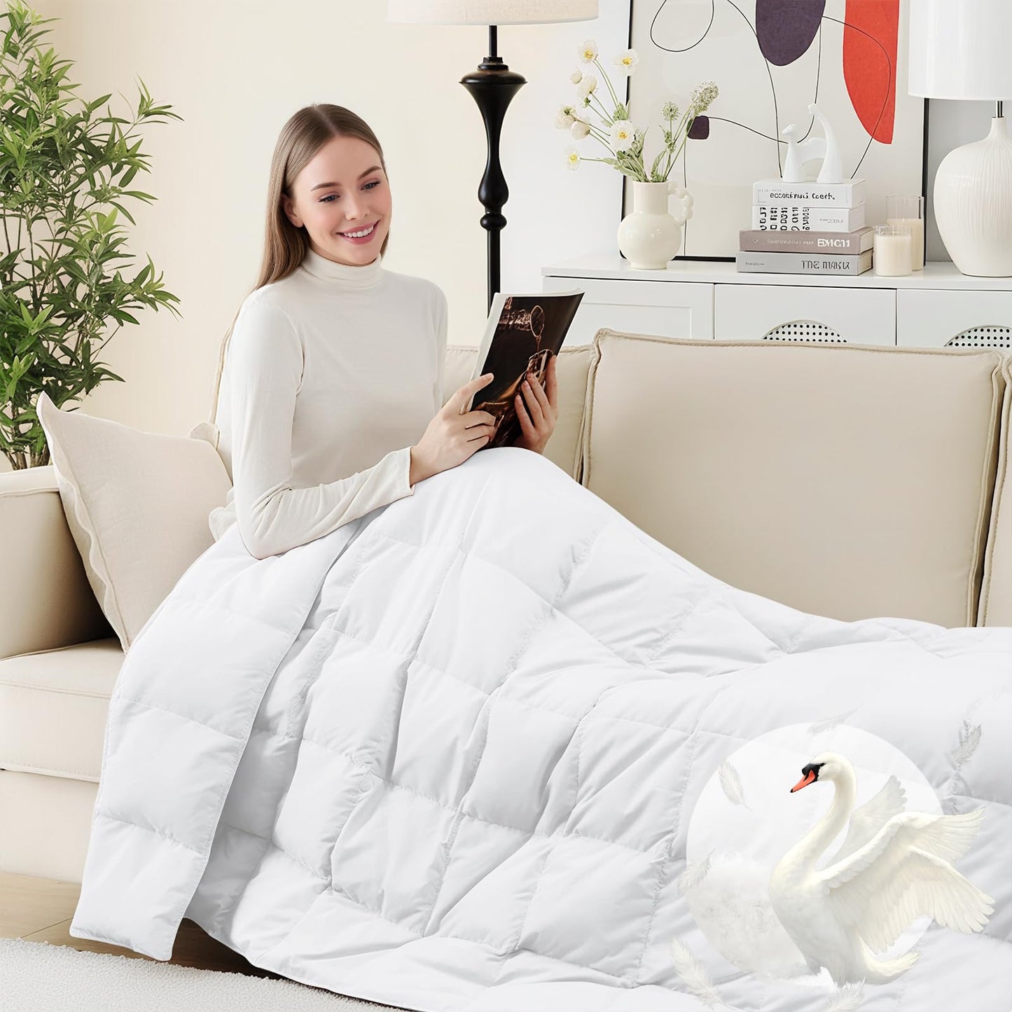 Deodar Natural Down Fiber Throw Blanket Couch, Sofa Down Fiber Blanket Throws Outdoor Lightweight Peach Skin Fabric, 50"X70", White