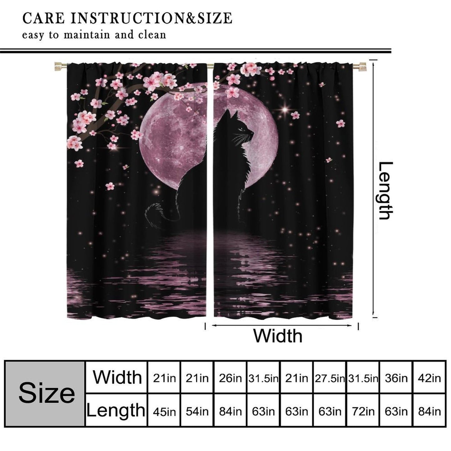 wlsgdsg Asian Cat Curtains for Kitchen Cartoon Cherry Blossom Pink Floral Moon Phase Black Cat Japanese Style Kawaii Cute Print for Kids Bedroom Living Room Bathroom 42x45In（No Blackout）
