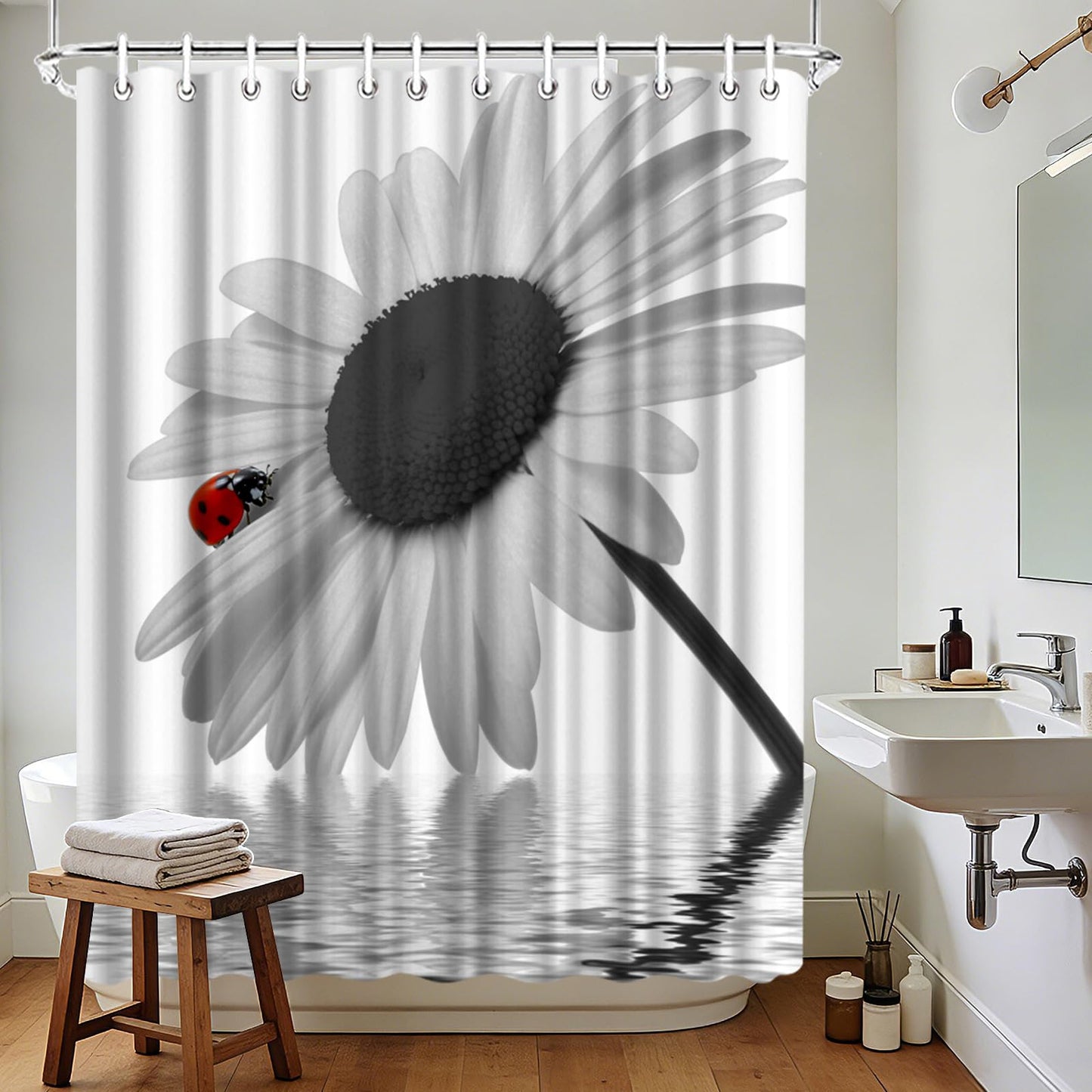 LeAquaNook Sunflower Shower Curtain Black and White Flower with Red Ladybug Design Print Home Decor Waterproof Polyester Fabric 72 x 72 inches Set with Hooks