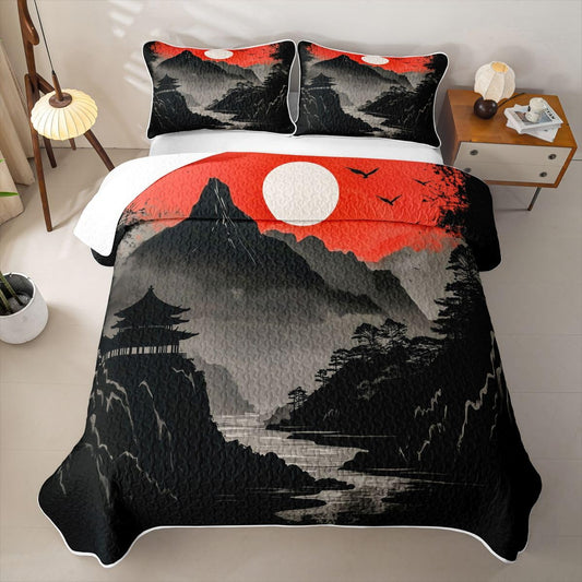 Erosebridal Japanese Fuji Mountain Quilts Twin Size - Japanese Style Bedspread Coverlet Set, House Vintage Sun Quilt Coverlets 2Pcs (Only 1 Pillowcase)