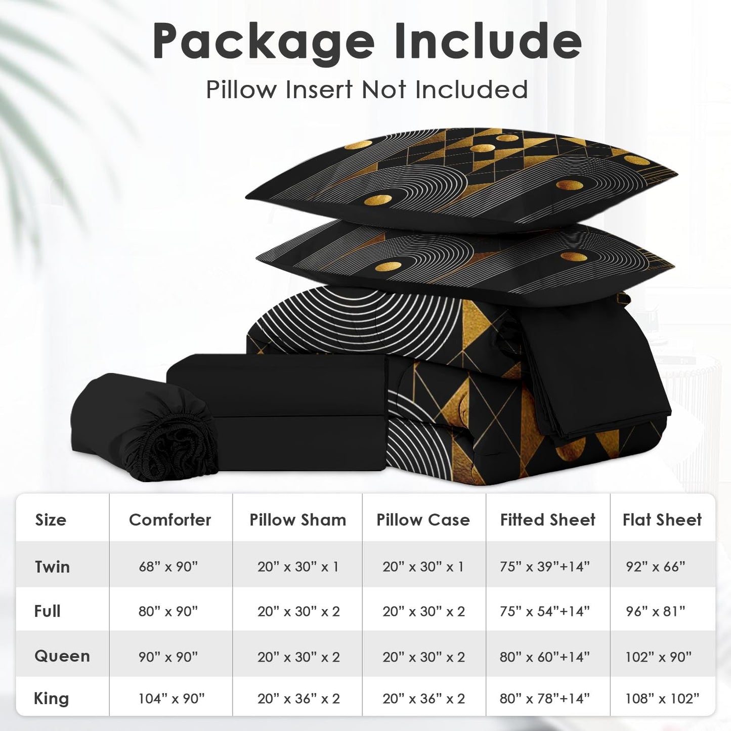 Boewywh Comforter Set Twin Size Geometric Gold Black 7 Pcs, Bedding for Kids and Adults, Abstract Modern Bed Sheet Sets with Fitted Sheet 2 Pillowcases & 2 Shams for Bedroom Bed Decor
