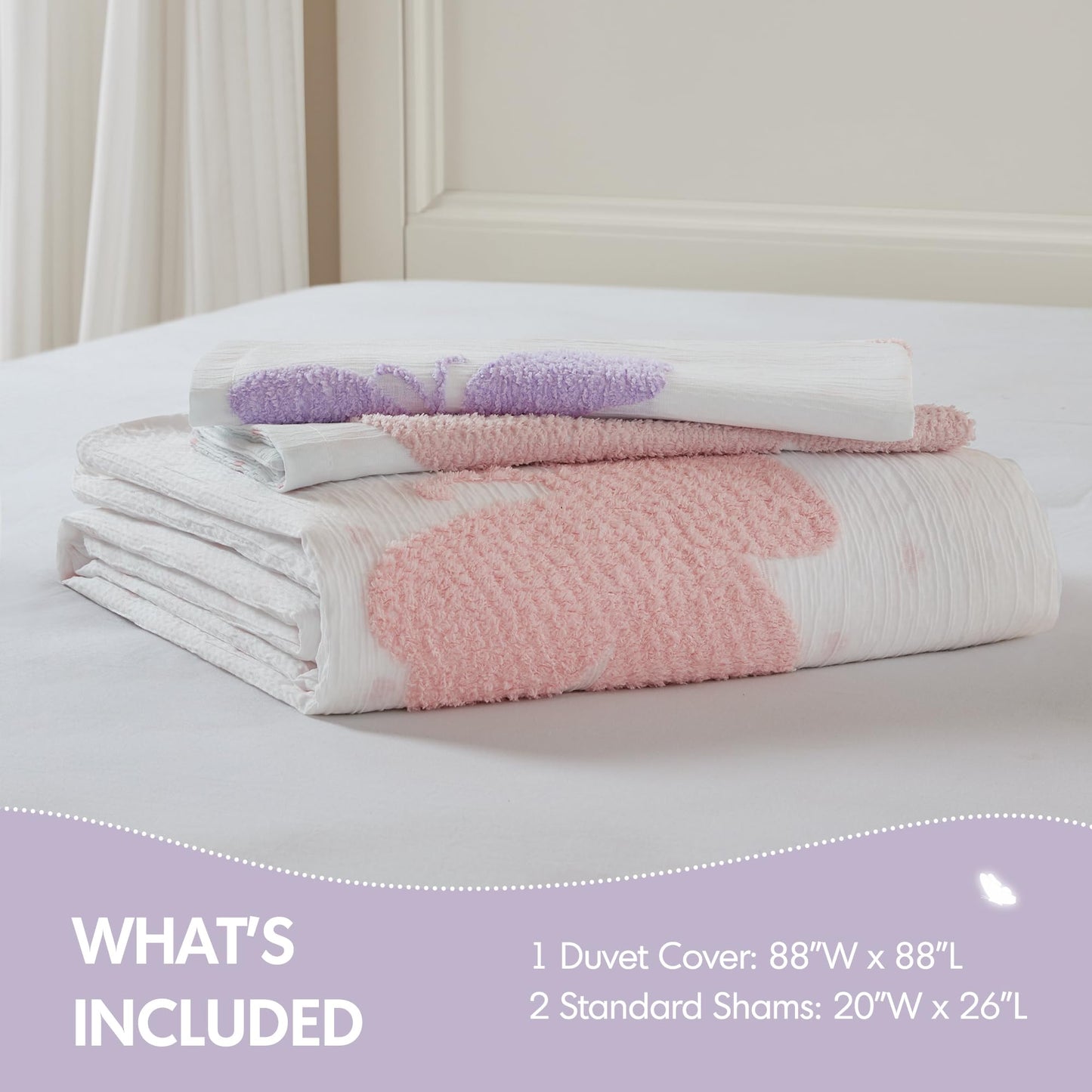 Intelligent Design Kids Rio Full/Queen Duvet Set – Girls’ Reversible Tufted Chenille Bedding with Pastel Purple Butterflies and Pink Dot, 3pcs