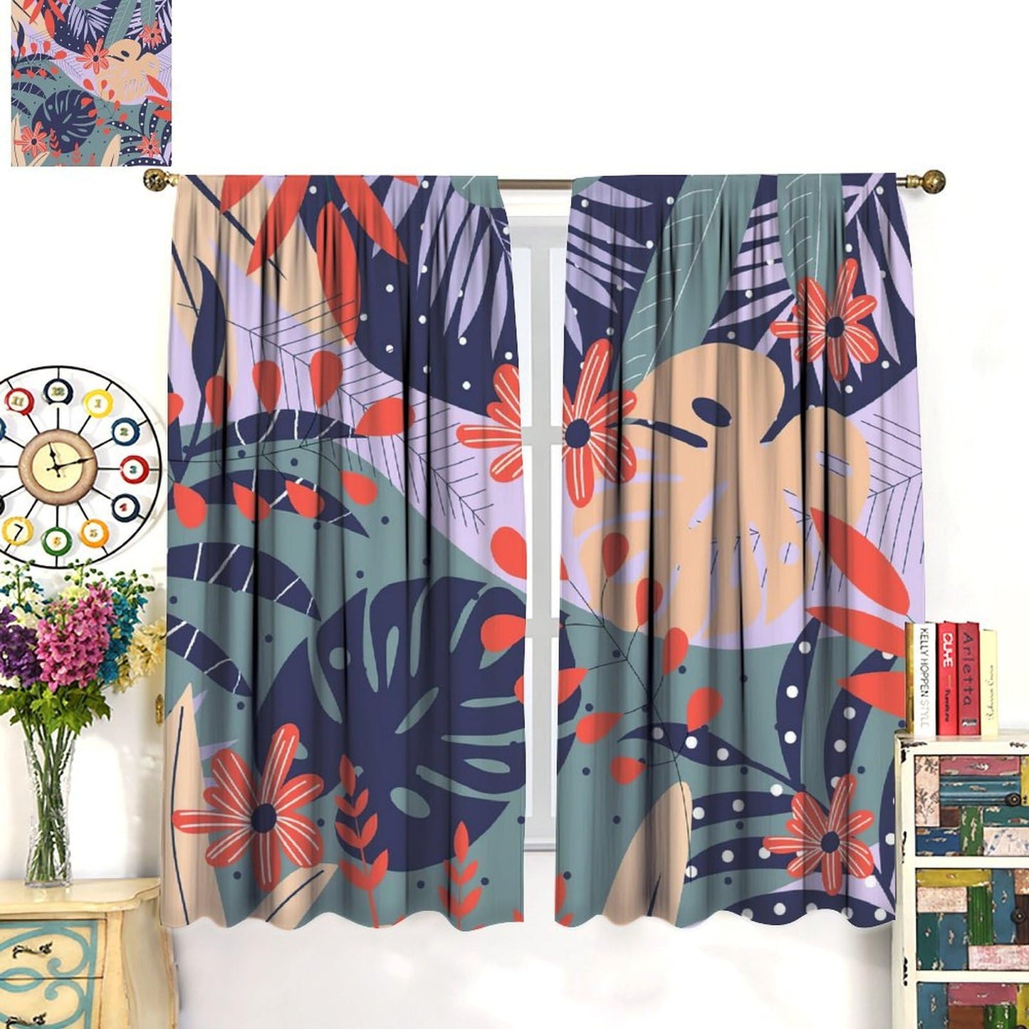 Abstract Plants Leaf Curtains, Mid Century Botanical Leaves Modern Window Drapes, for Living Room Bedroom 42" W X 45" L (Decorative)