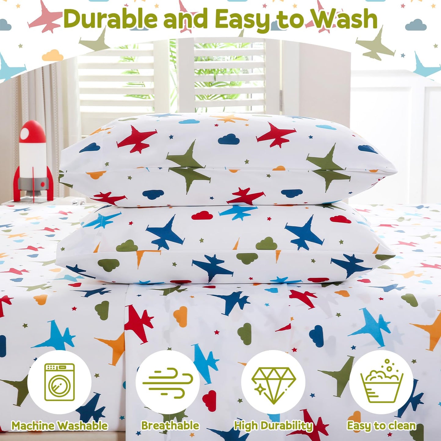 ChicView Full Sheet Set Kids,4 Pieces Breathable Soft Microfiber Bedsheets for Child Boys Girls, Anti Pilling Deep Pockets Easy Care Bed Sheets, Aircraft