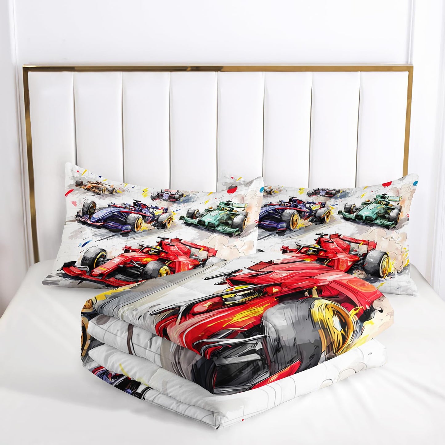 lneffble Race Car Comforter Full Size,Race Car Kids Comforter Set,3Pcs Bedding Set Printed Comforter with 2 Pillowcases,Down Alternative,Soft and Lightweight,for All Seasons