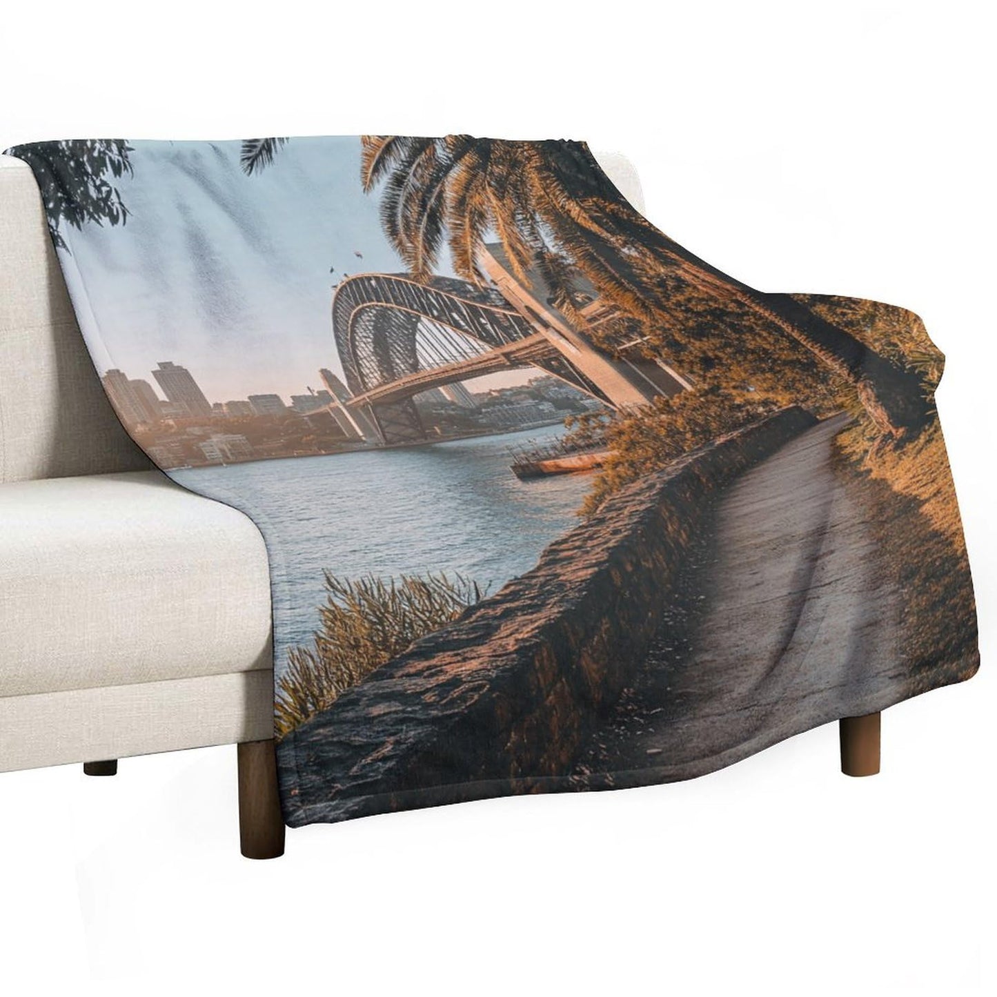 HDESDIS Modern City Bridge Throw Blanket, Soft Cozy Warm Sunset Harbour Skyline View Flannel Blankets for Sofa Couch Bed, 30x40 Inch