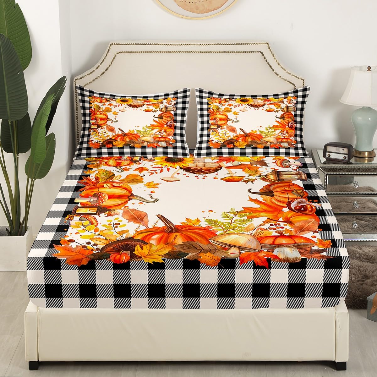 Thanksgiving Bed Sheets Fall Pumpkin Mushrooms Bedding Sheets Queen Brown Buffalo Plaid Sheet Set,Autumn Harvest Season Fitted Sheet + Flat Sheet + 2 Pillow Cases,Fall Decorations For Home Bedroom