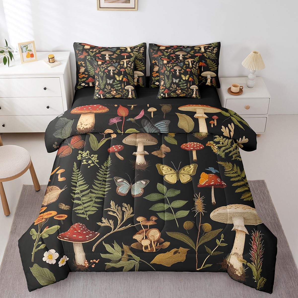 Erosebridal Mushroom Comforter Set Queen,Woodland Botanical Leaves Bedding Set 7Pcs for Kids Teens Adults,Butterfly Wild Safari Animal Bed in a Bag,Jungle Mushroom Print Quilt