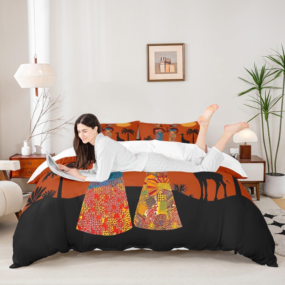 African Woman Themed Duvet Cover Brown African Pattern Bedding Set Ethnic Afro Giraffe Comforter Cover for Women Adults Room Decor Black Palm Tree Print Bedspread Cover Twin Size With 1 Pillow Case