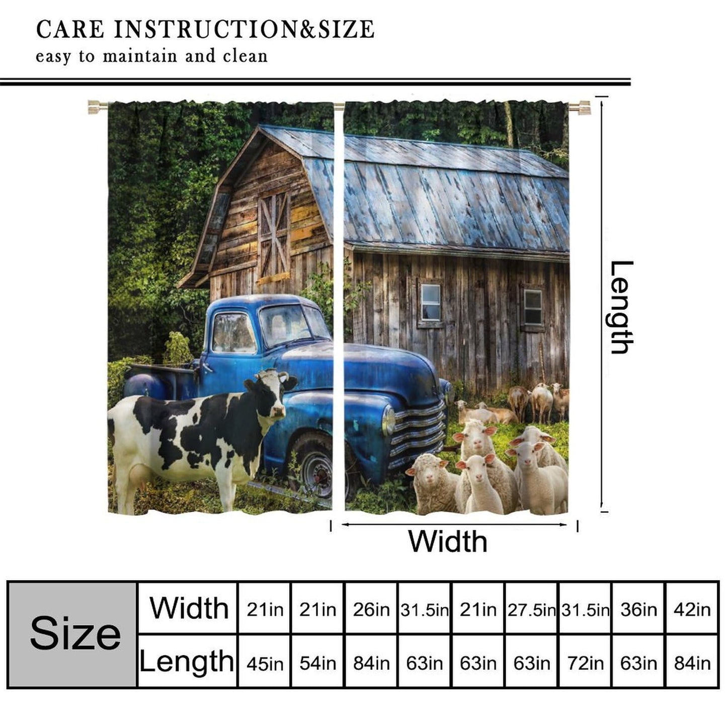 VUMIVI Rustic Farmhouse Curtains Barn Blue Pickup Truck Cows Sheep Trees Grasslands Pastoral Landscape Rod Pocket Window Treatments for Boys Girls Bedroom Kitchen Living Dining Cafe 42" W X 44.5" L