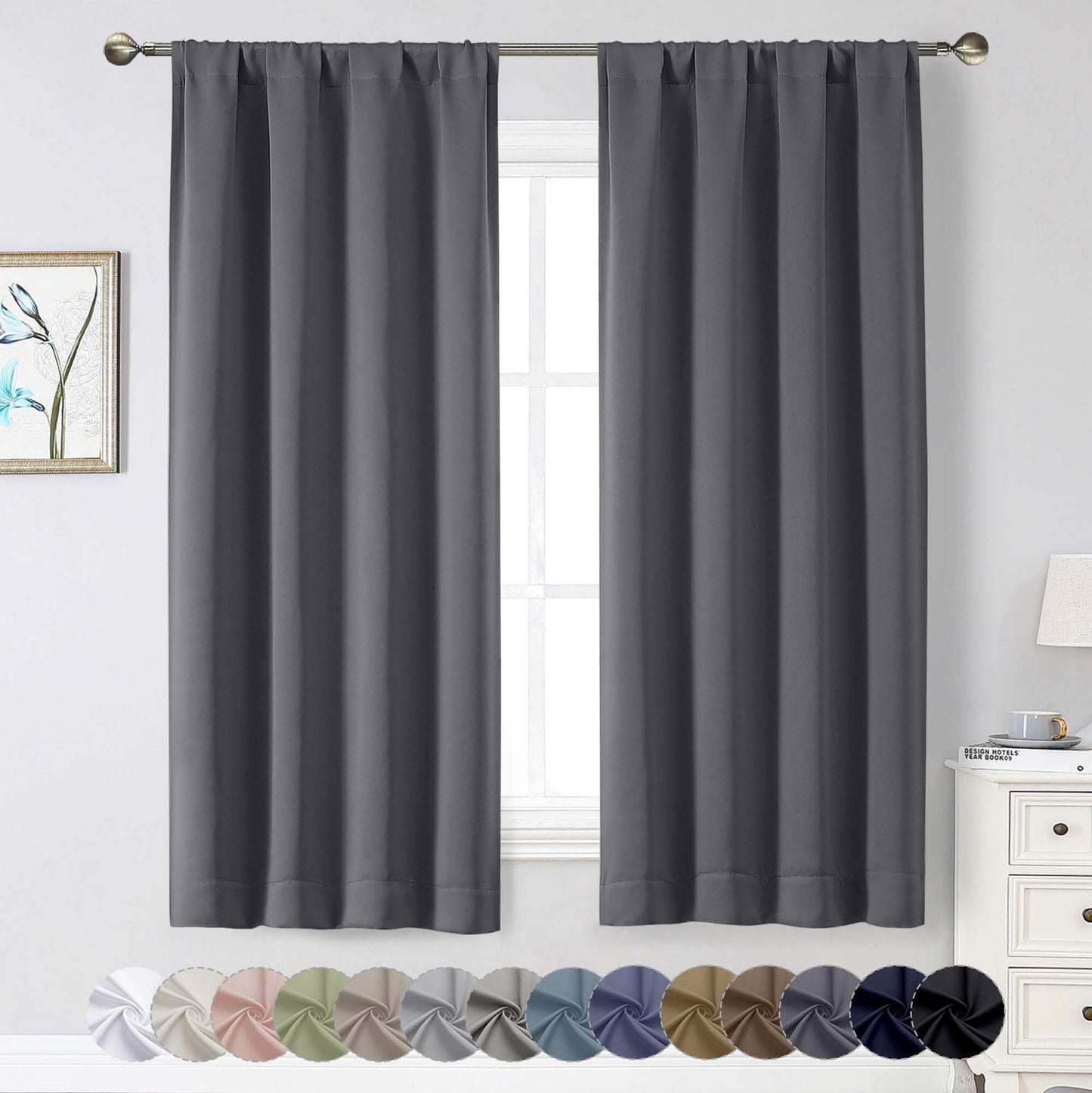 WelvetBLK Grey Blackout Curtains for Bedroom Living Room 63 Inch Length 2 Panels Set, Soft Solid Room Darkening Thermal Insulated Window Treatments, Rod Pocket Dining Room Curtains, Grey, 40" Wx63 L