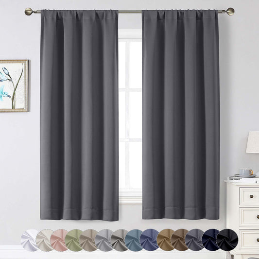 WelvetBLK Grey Blackout Curtains for Bedroom Living Room 63 Inch Length 2 Panels Set, Soft Solid Room Darkening Thermal Insulated Window Treatments, Rod Pocket Dining Room Curtains, Grey, 40" Wx63 L