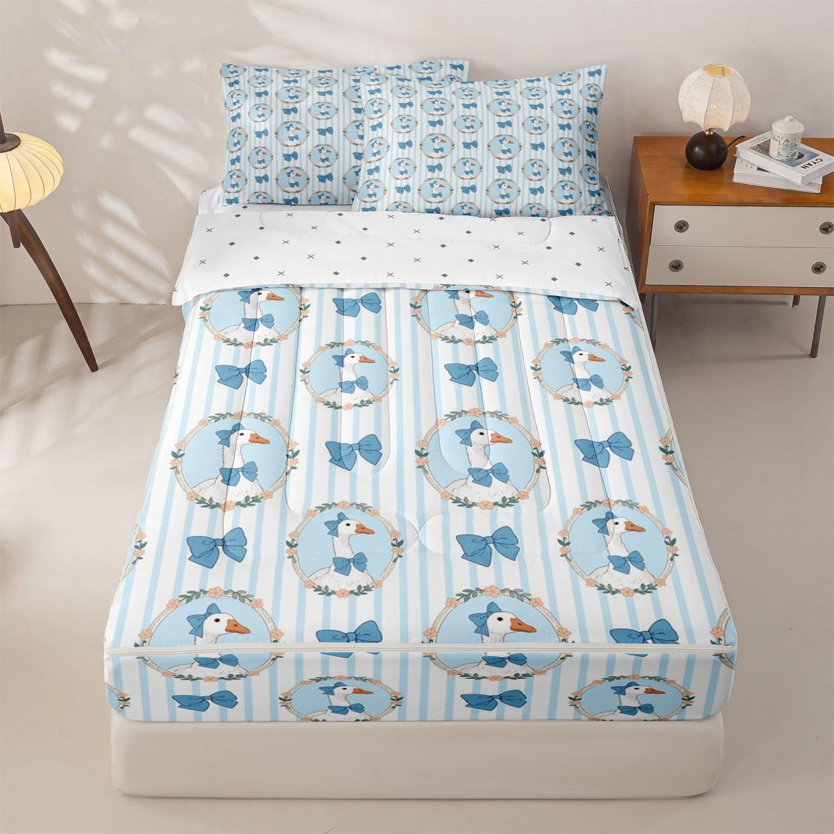 Erosebridal Duck Zippered Bedding Set Full Bowknot Comforter Set Pastoral Style Bow Stripes Wreath Bed in a Bag Cute Cartoon Ducks Blue Bow Zipper Quilt Fitted Sheet,2 Pillowcases