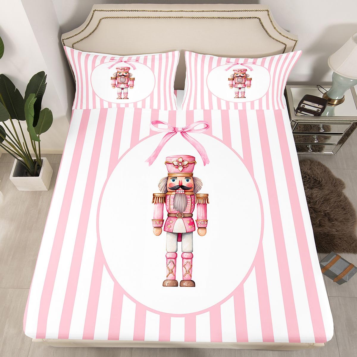 Manfei Nutcracker Kids Full Size Fitted Sheet,Christmas Lovely Bowknot Boys Girls Bed Sheets,Winter Xmas Holiday Stripes Room Decor,Pink White Bedding Set,2 Pillowcases(No Flat)