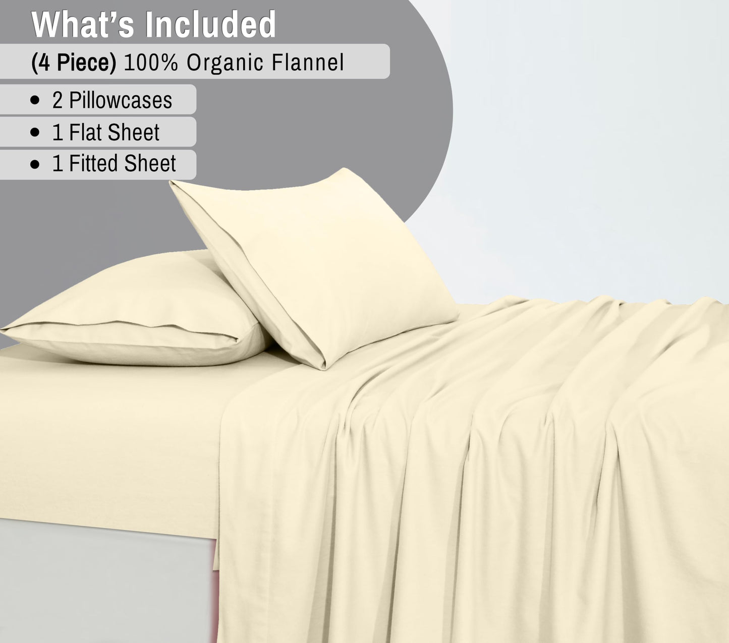 RUVANTI Flannel Sheets Queen Size - GOTS Certified 100% Organic Cotton, 4 Piece Warm, Soft & Breathable Set, Deep Pocket Snug Fit, Double Brushed Cozy All Season Bedding, Winter White