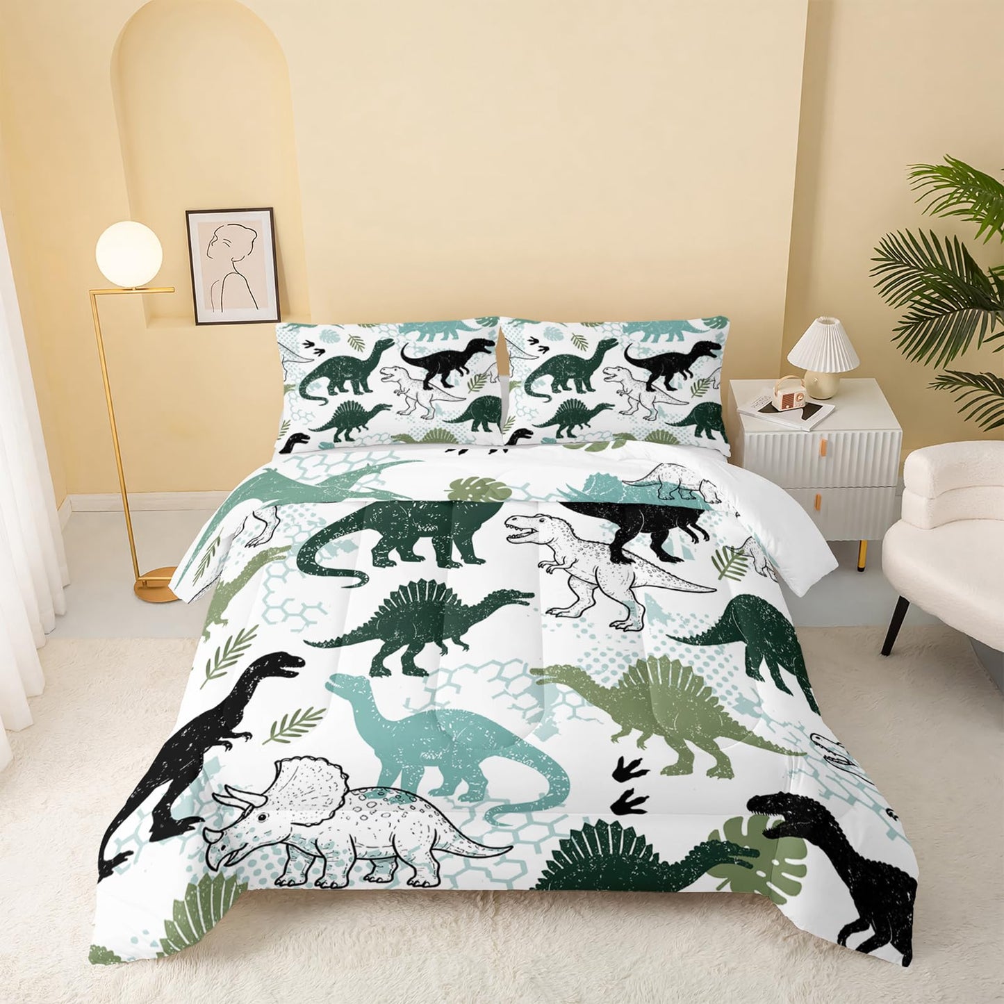 QOOMO 3Pcs Dinosaur Comforter Set Twin,Cartoon Dinosaur Bedding Set for Teens Boys Girls,Dinosaurs Printed Comforter with 2 Pillowcases,Down Alternative,Soft and Lightweight