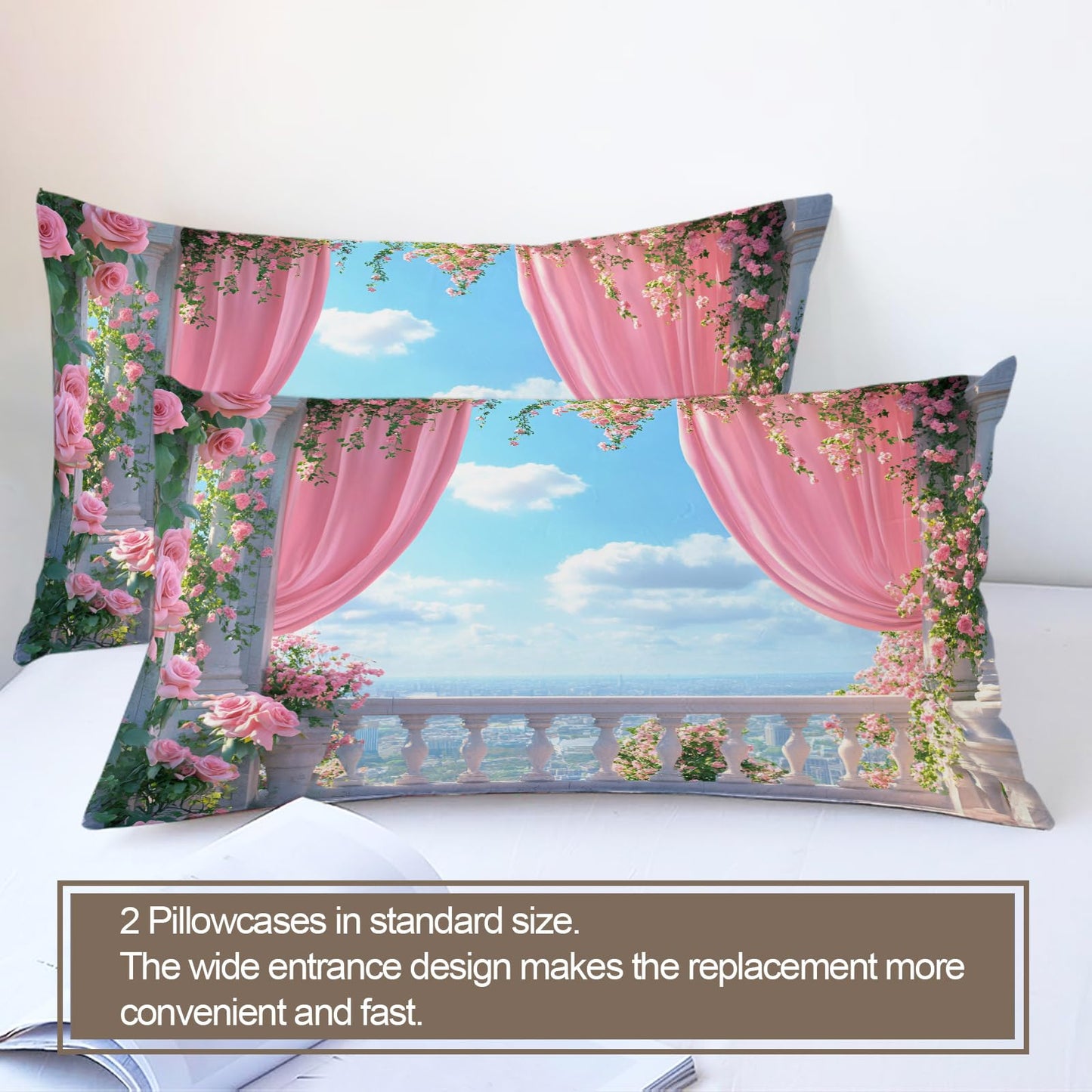 GKPLY Pink Rose Comforters Queen Size, Romantic Floral Bedding Duvet Cover, Elegant Garden Duvet Cover with 2 Pillowcases, 3 Pieces, Reversible Dreamy Balcony Bedding with Zipper