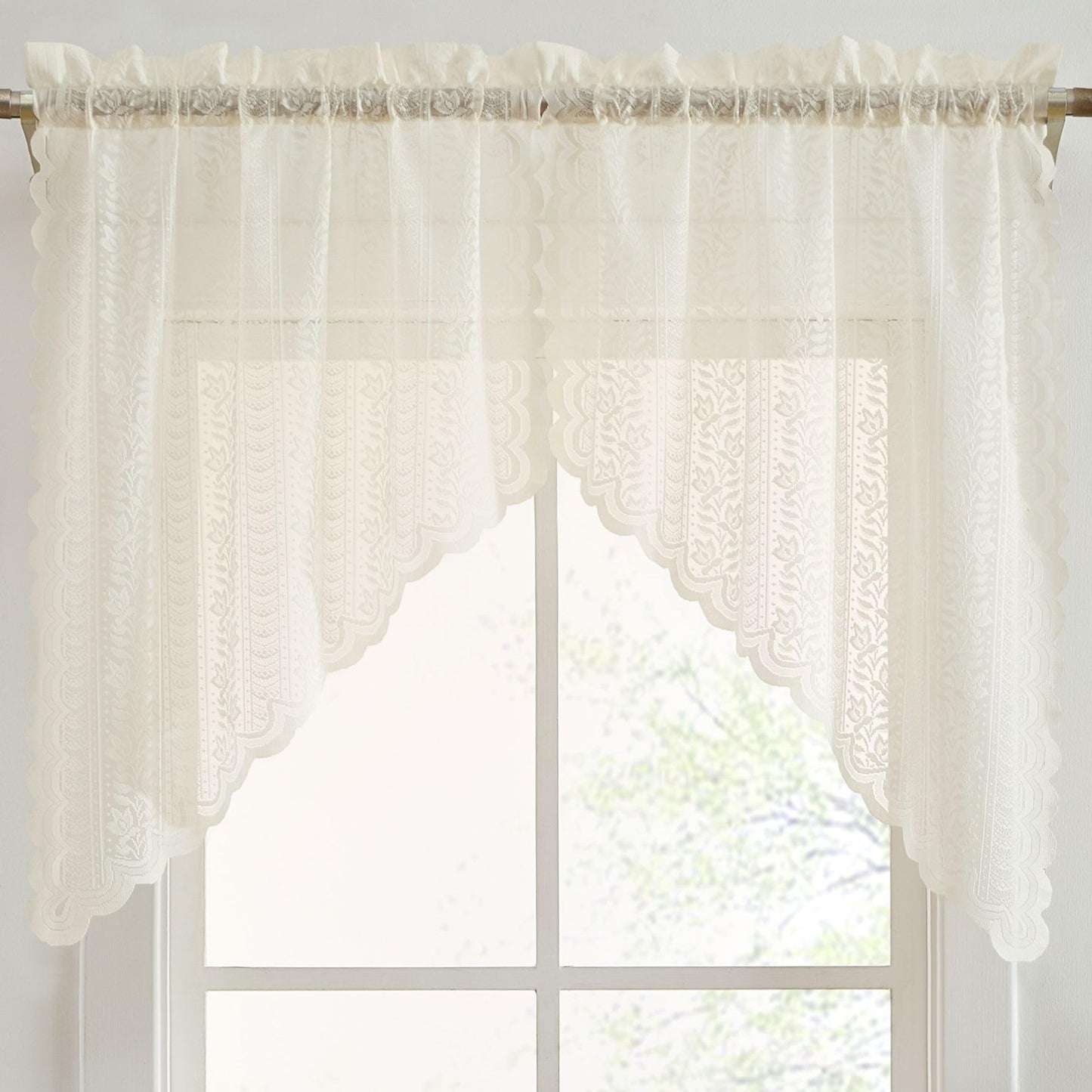 HLC.ME Sophia Floral Rod Pocket Lace Short Cafe Swags for Small Windows - 28 x 36 Inch Length (Ivory Swags, Set of 2)