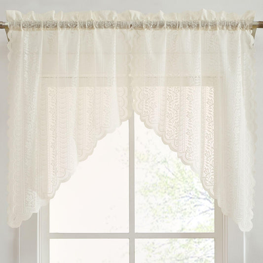 HLC.ME Sophia Floral Rod Pocket Lace Short Cafe Swags for Small Windows - 28 x 36 Inch Length (Ivory Swags, Set of 2)