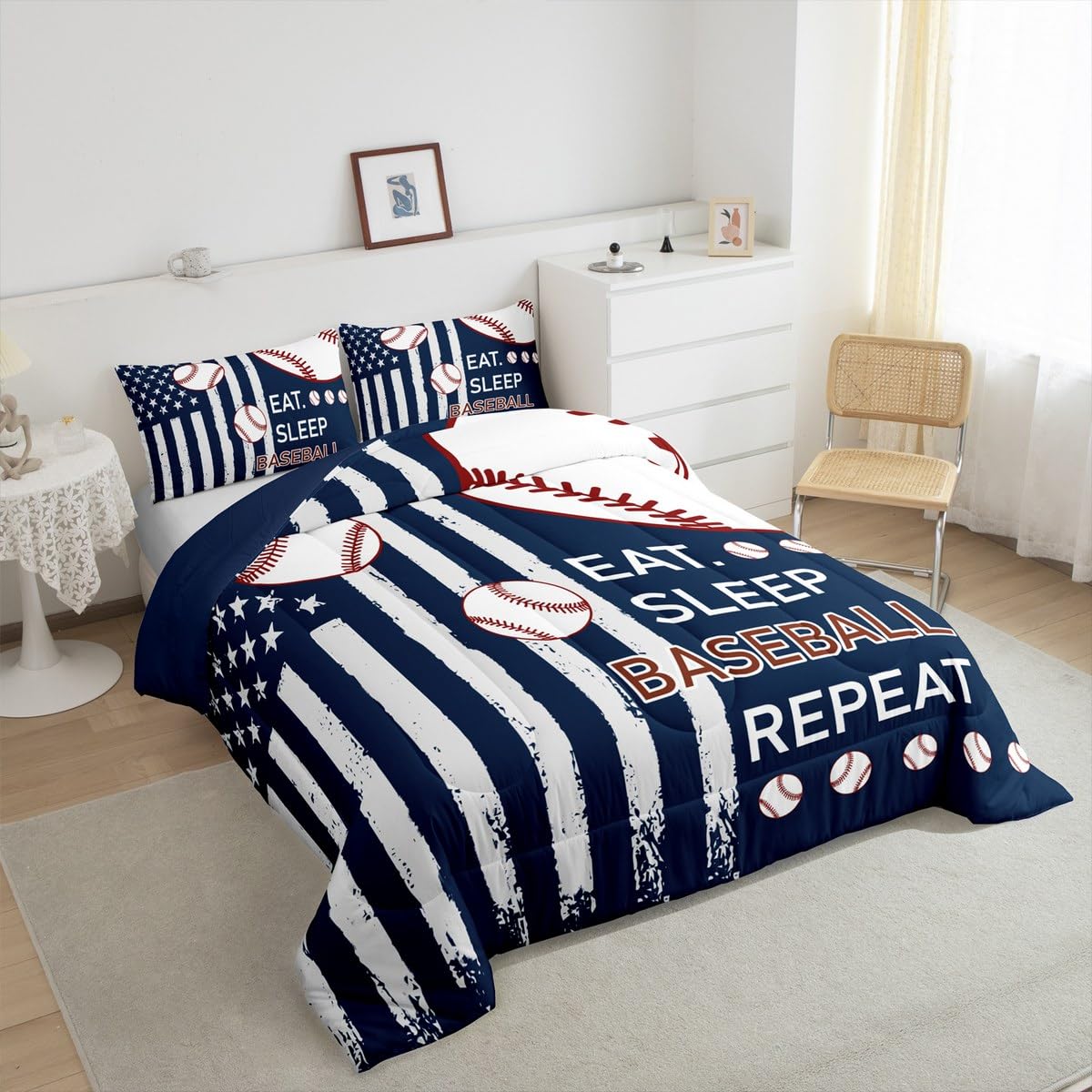Feelyou Baseball Kids Boys Girls Bedding Set Queen Size Baseball Gaming Comforter Set Ultra Soft Gift for Baseball Lover Comforter Flag Print Duvet Quilt Bedroom Decor Softball Quilt