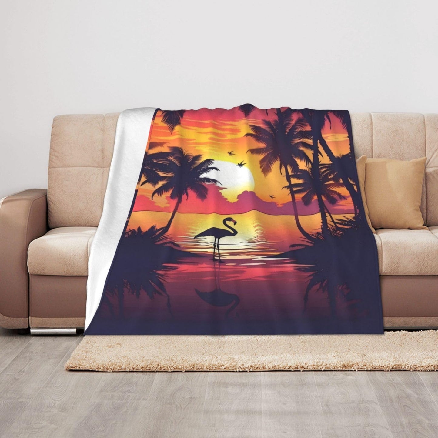 Jfniub Flamingo Sunset Palm Trees Beach Blanket Throw Bedding Room Decor Flannel Blankets for Bedroom Living Rooms Warm All Season 50"X40"