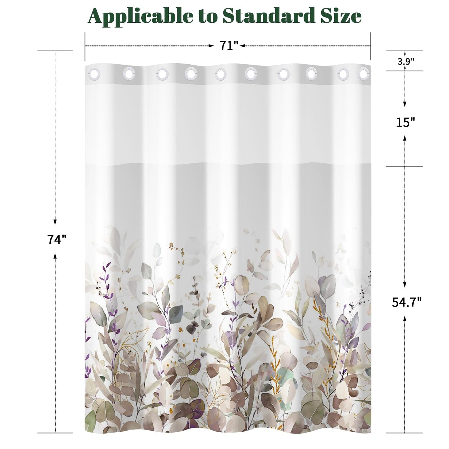 Xiazhilaio Watercolor Botanical Leaf Shower Curtain with Snap in Liner - Waterproof Double Layer Bath Curtain with Mesh Top Window for Airflow, Boho Farmhouse Eucalyptus Bathroom Curtain, 71″W x 74″L