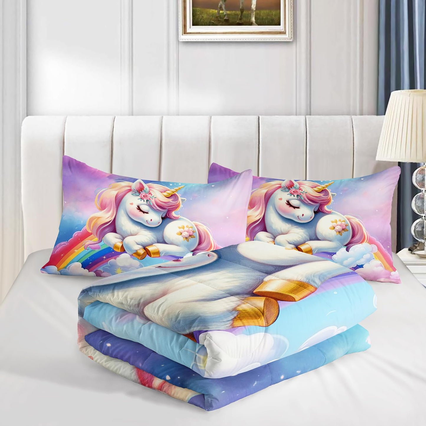 XYNHML Pink Blue Unicorn Comforter 3pcs Full Kids Clouds Rainbow Flowers Quilt Boys Girls Bedding Set Cute Printed Fantasy Room Decor Bed Set with 1 Comforter and 2 Pillowcases