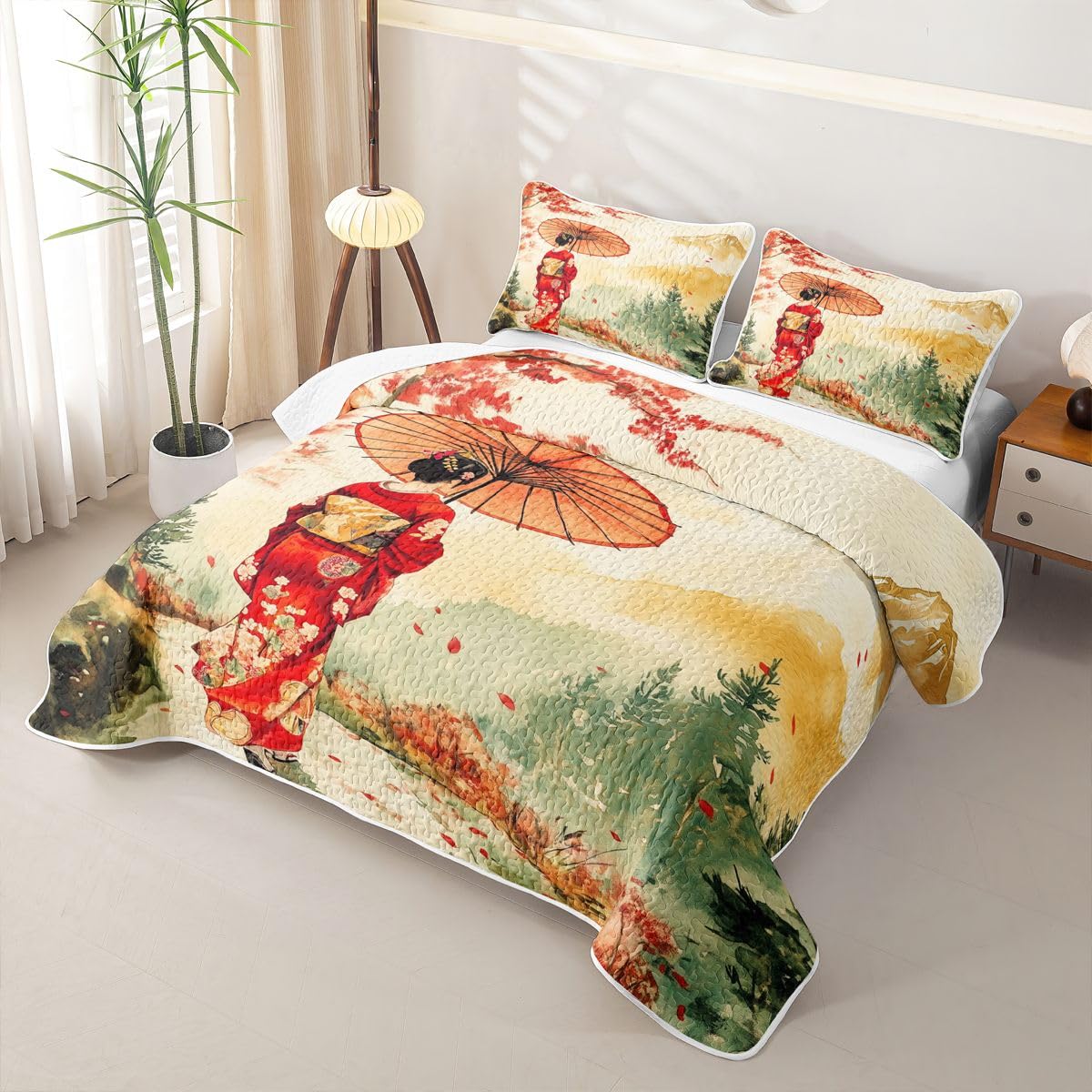 Erosebridal Geisha Quilts Twin Size - Japanese Geishas Girls Bedspread Coverlet Set, Natural Ink Painting Quilt Coverlets 2Pcs (Only 1 Pillowcase)