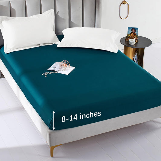 MILDLY Deep Pocket Fitted Sheet Only Queen Size 60"x80" 100% Long Staple Cotton Dark Teal Breathable Bottom Sheet Fits Up to 14" Deep Mattress