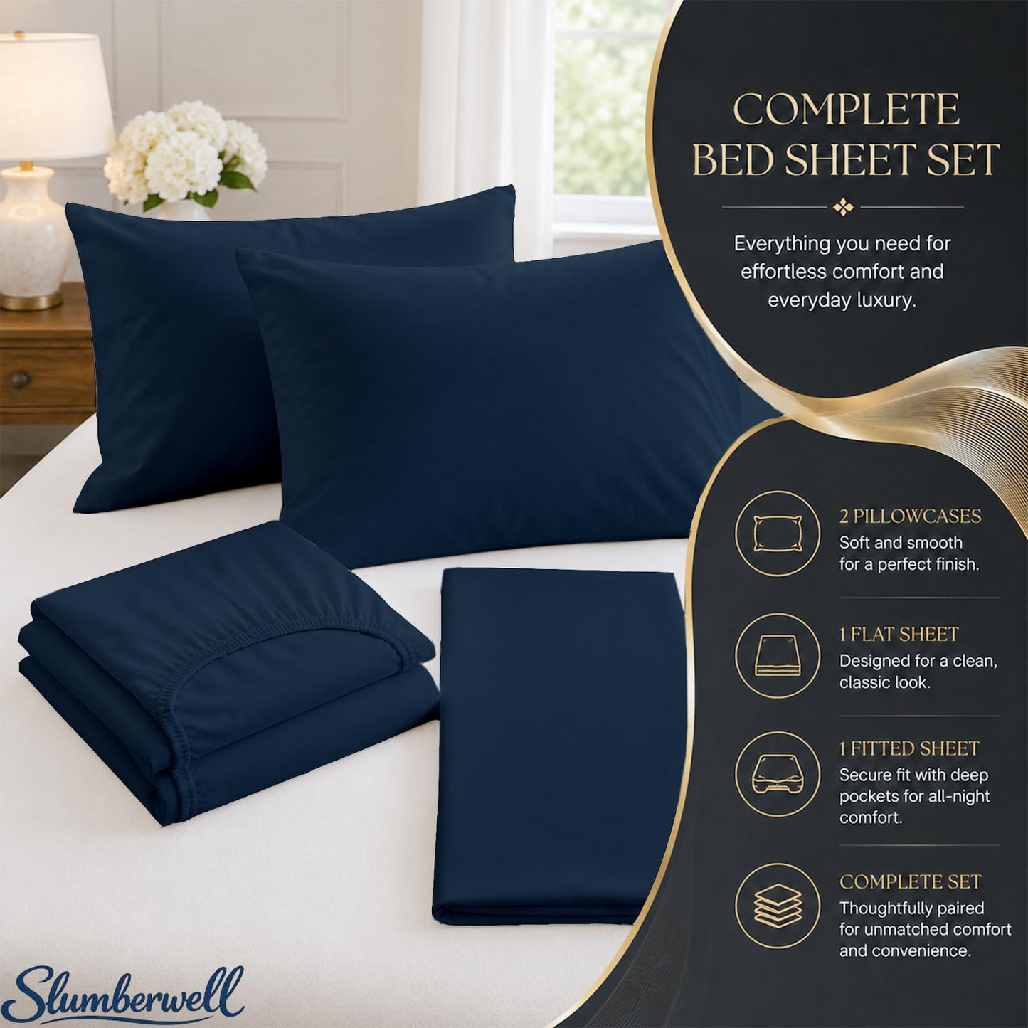 SlumberWell King Sheet Set, 4 Piece Microfiber Sheets, Extra Deep Pocket (18–24 Inch), Fits Thick Mattress, Soft Breathable & Wrinkle-Resistant, Navy Blue