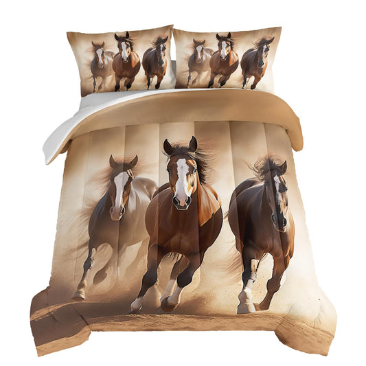 HOSIMA Brown Horse Comforter Sets Queen Size,3D Handsome Horse Galloping Printed Bedding Set for Adults Teens Boys Room Decor,Wildlife Theme Bedding Sets Queen Size with 2 Pillowcases.