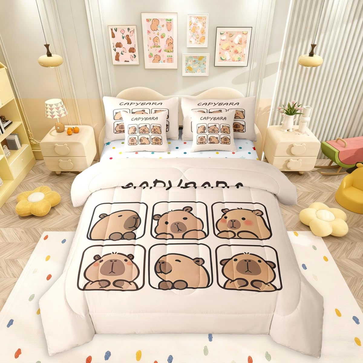 Erosebridal Capybara 7 Piece Bedding Set Twin Size,Cute Animal Bed in a Bag,Capybara Lovers Bed Set Includes Comforter, Sheet Set, Pillowcases & Pillow Covers All Season Bedroom Decor