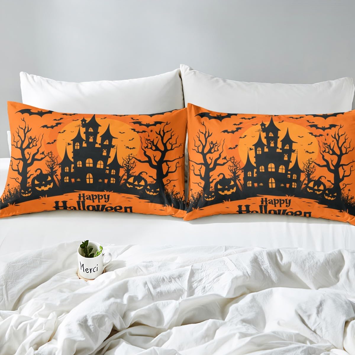 jejeloiu Halloween Decor Bed Sheets Set Twin Size Pumpkins Bed Set for Kids Boys Girls Haunted Houses Deep Pocket Fitted Sheet Dead Tree Breathable Soft Lightweight Microfiber