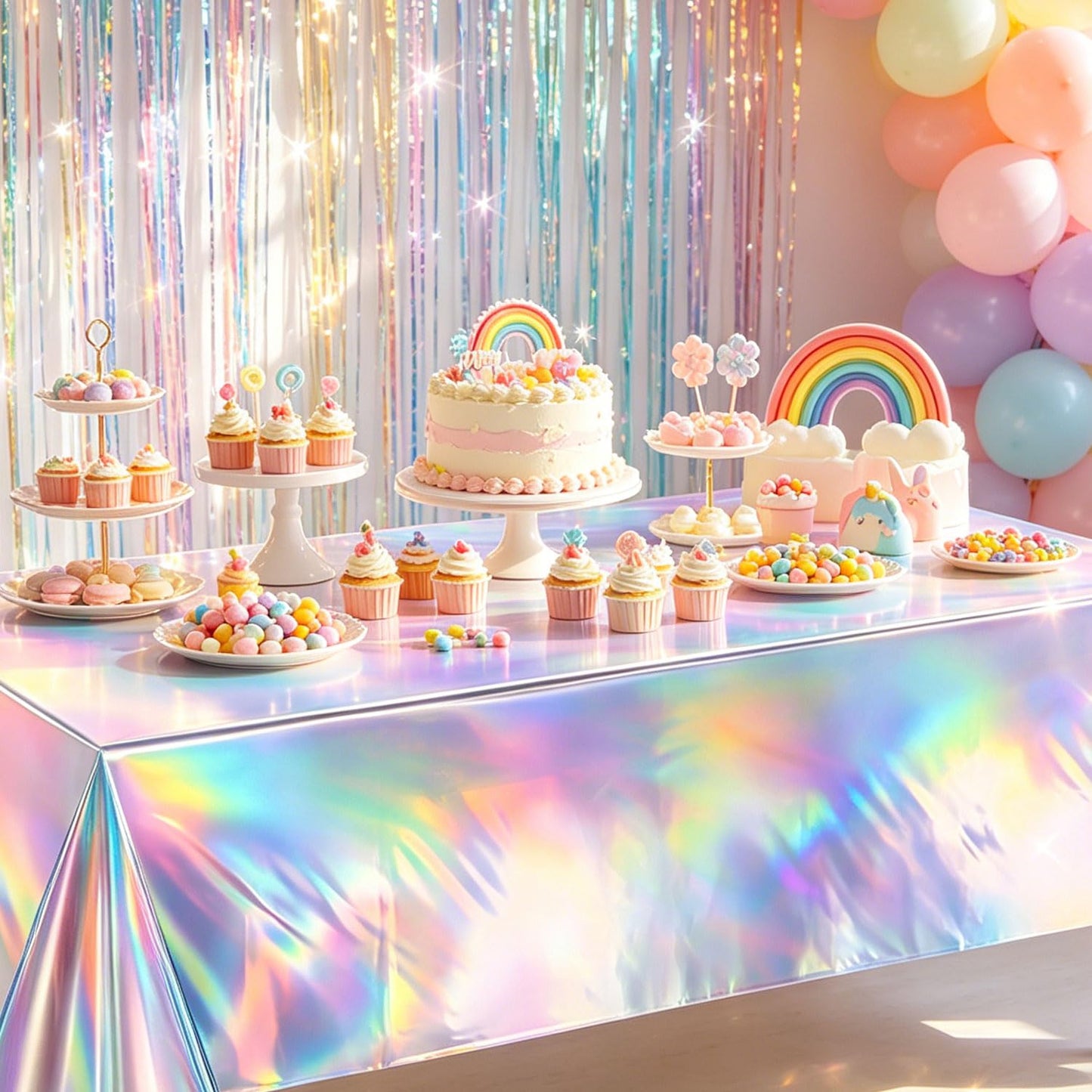 NKPDAXM 3 Pack Iridescent Tablecloths, Shiny Disposable Foil Plastic Holographic Table Covers for Rainbow Disco Bachelorette Bridal Wedding Party Decorations, 54" x 108"