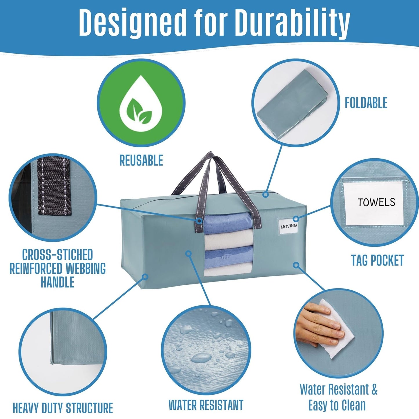 VENO 4 Pack Heavy Duty Moving Bags, Packing Bags with Clear Window, Alternative to Moving Boxes, Storage Bins for Clothes, Blankets, Comforters, College Dorm Essentials (Light Blue Matte, 4 Pack)