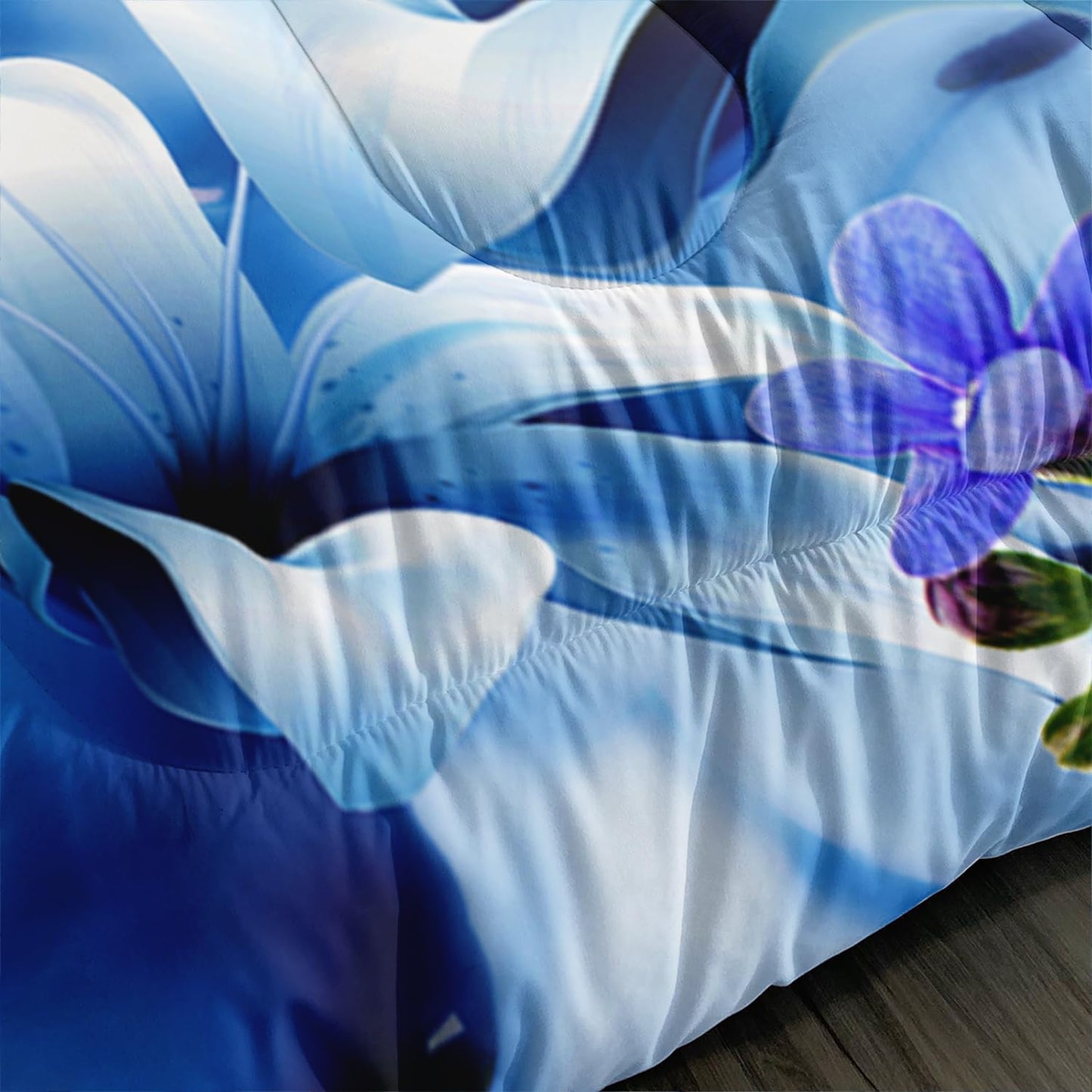 AILONEN Butterfly Girls Comforter Set Queen Size, Blue Lily Flowers Bedding Set for Kids Teen,Animals Botanical Floral Duvet Set 3 Pieces,1 Quilt and 2 Pillowcases