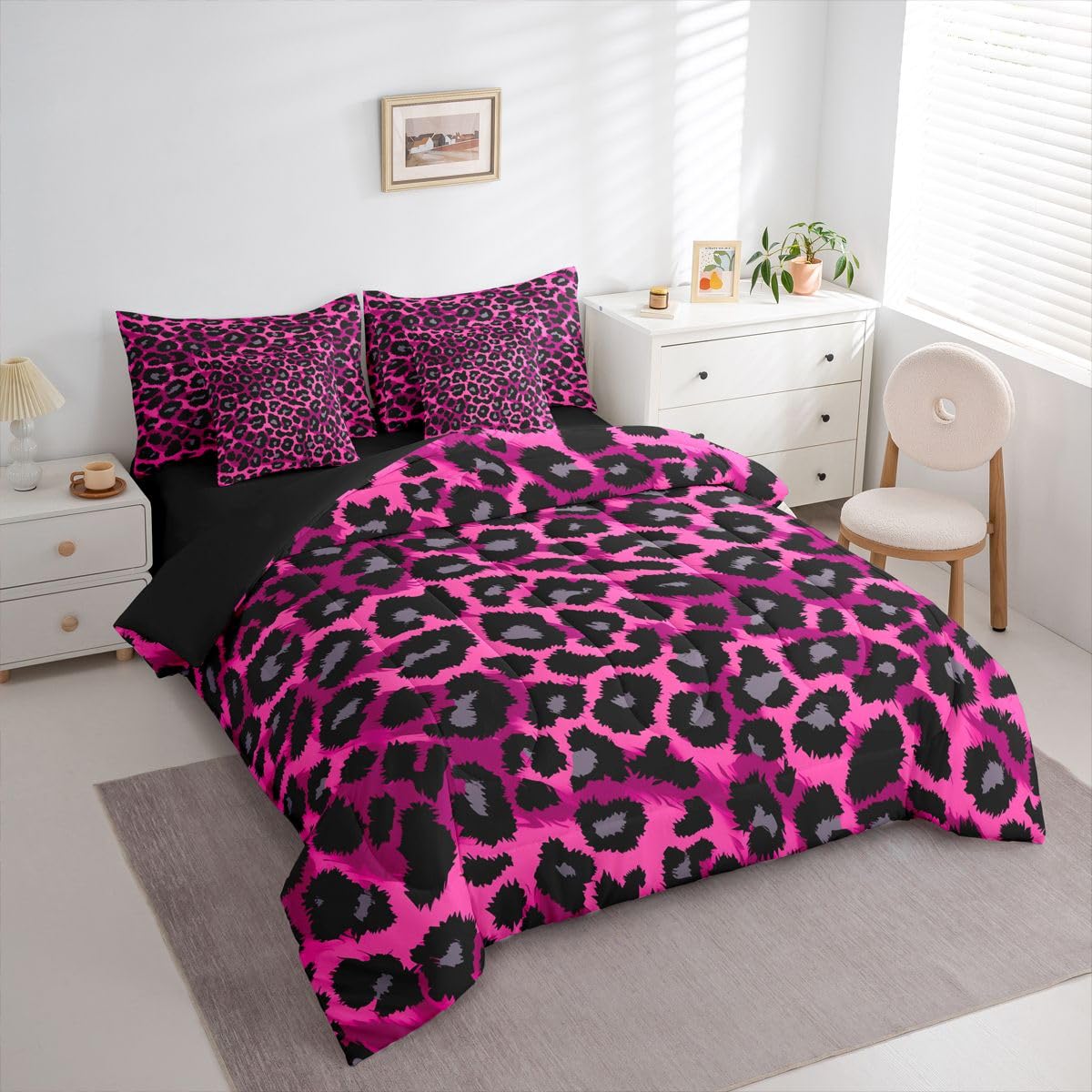 Erosebridal 7 Pcs Comforter Set King Size, Leopard Print Wild Animal Bedding Set for Kids and Adults, African Cheetah Wildlife Bed Sheet Sets with Fitted Sheet Pillowcases & Shams, Hot Pink Black