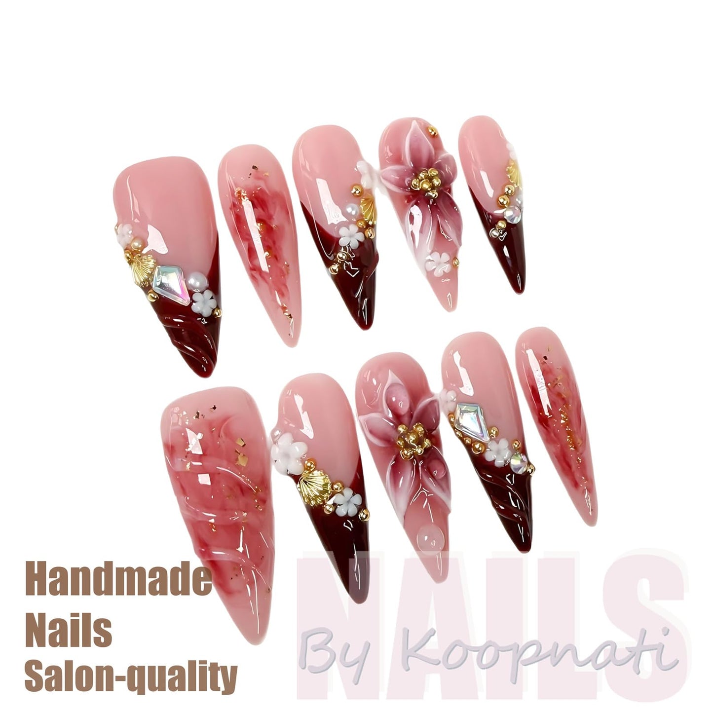 Handmade Press On Nails Almond Long Homemade Press On Nails French Tip With 3D Design Fake Nail Art For Women M