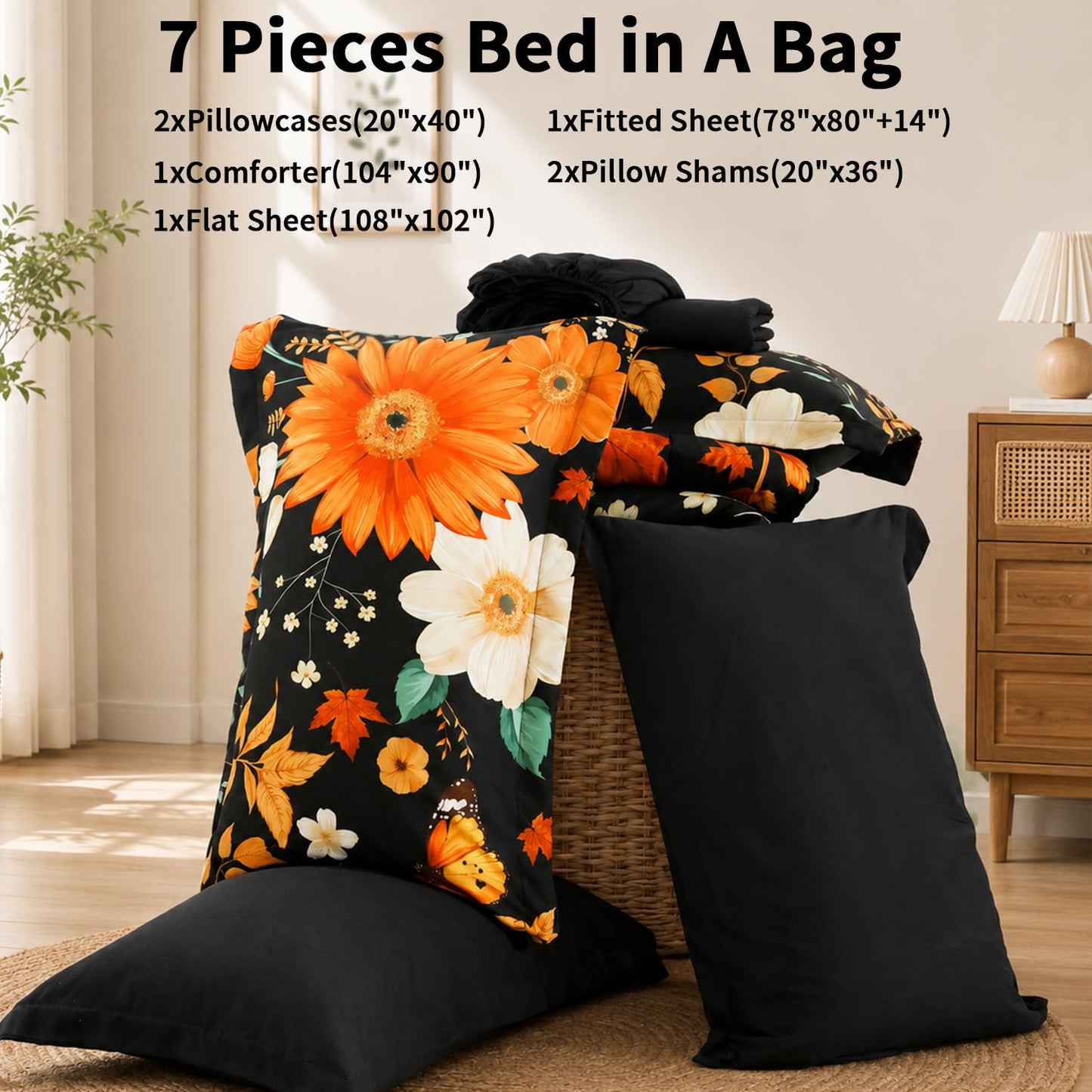 KOTTOMFY Extra Fluffy All Season Comforter Set, Floral 7 Piece Bed in a Bag Queen Size for Bedroom Guest Room Dorm Apartment