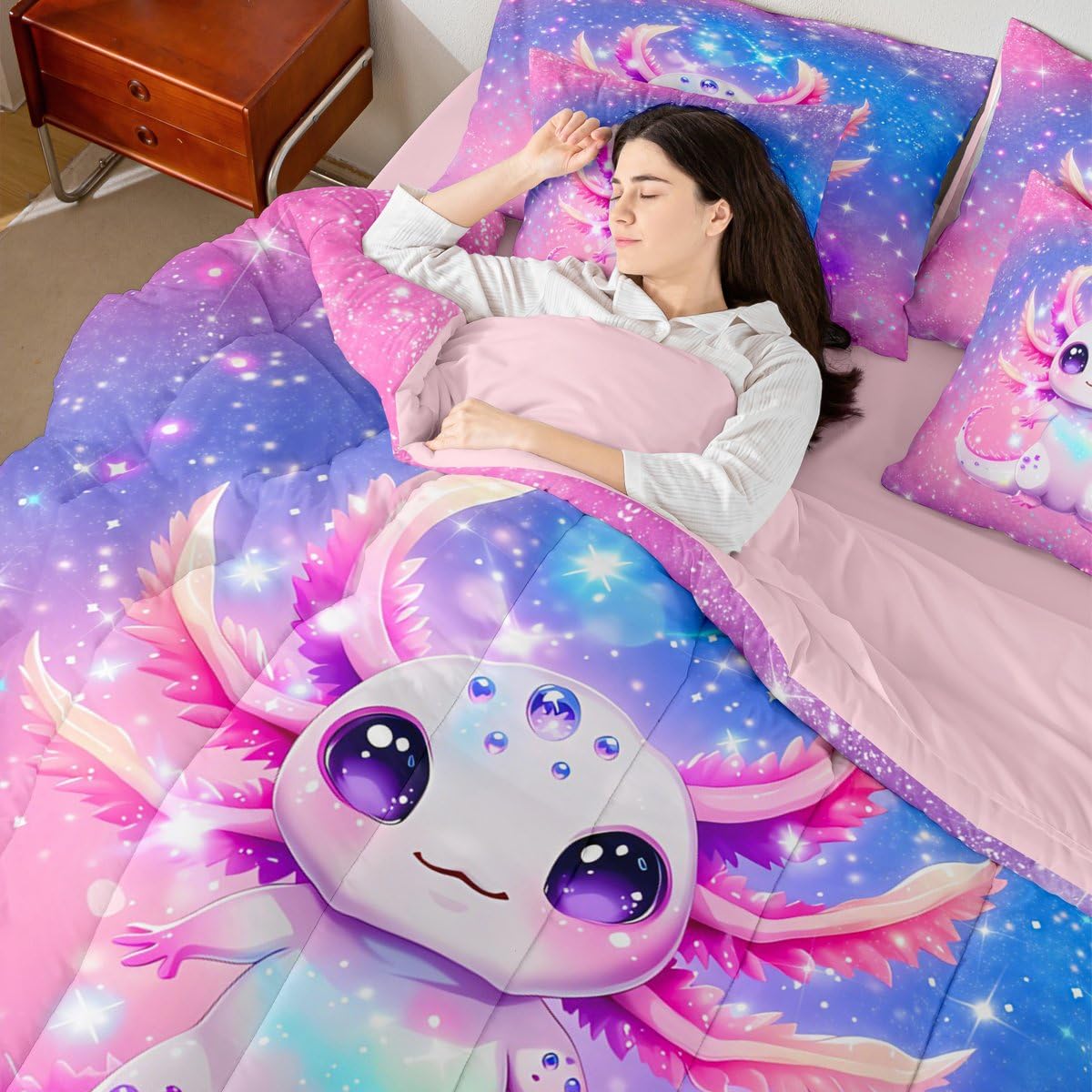 Erosebridal Kids Rainbow Axolotl Queen Comforter Set Teen Girl Cute Axolotl Bed in a Bag with Flat and Fitted Sheet Kawaii Coastal Ocean Animal 7-Piece Bedding Set Colorful Salamander Quilt Duvet Sets