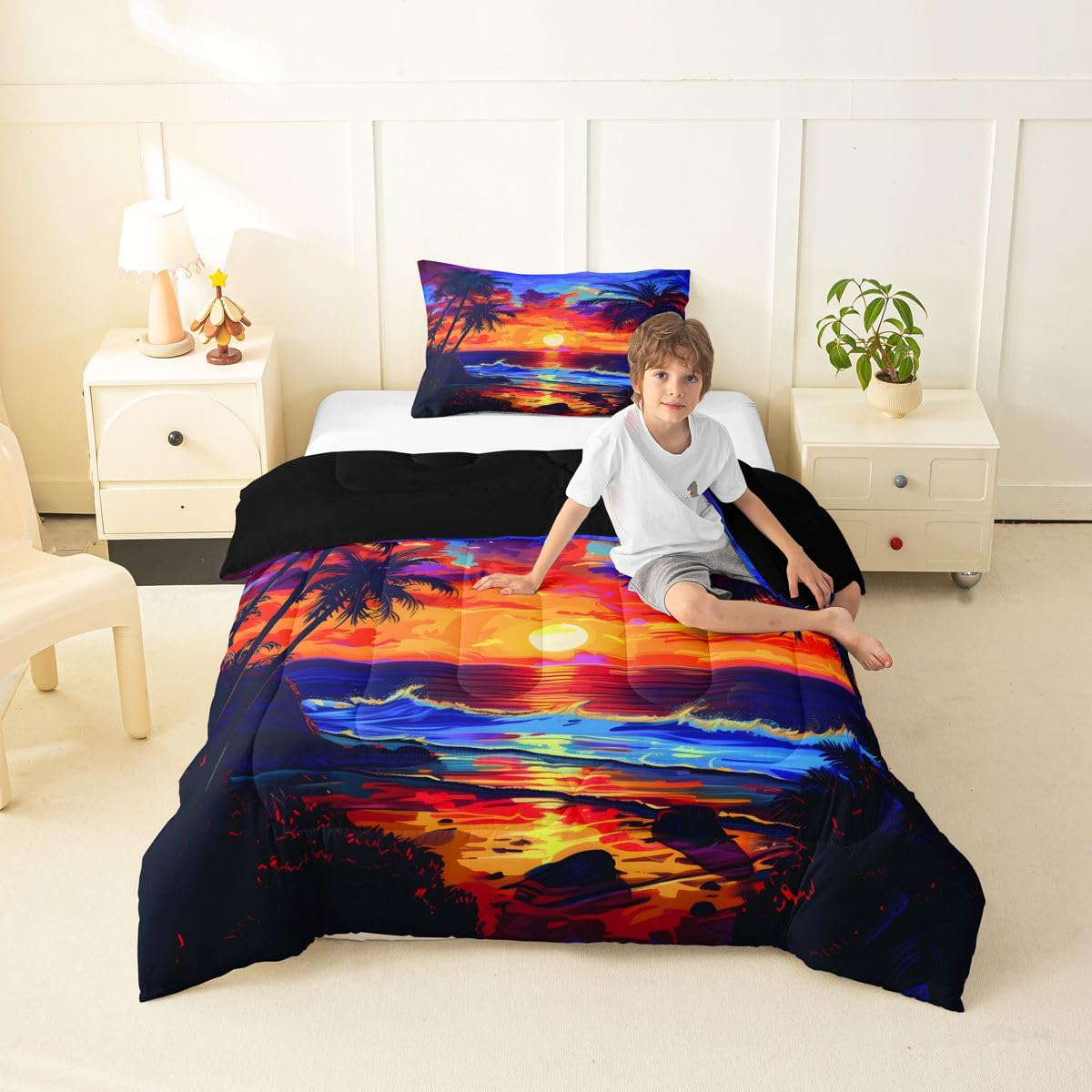 Erosebridal Ocean Beach Comforter Set for Girls Women - Watercolor Sea Sunset Scenery Toddler Bedding Sets Tropical Palm Tree Comforter Hawaiian Summer Marine Quilt Duvet 2 Pcs