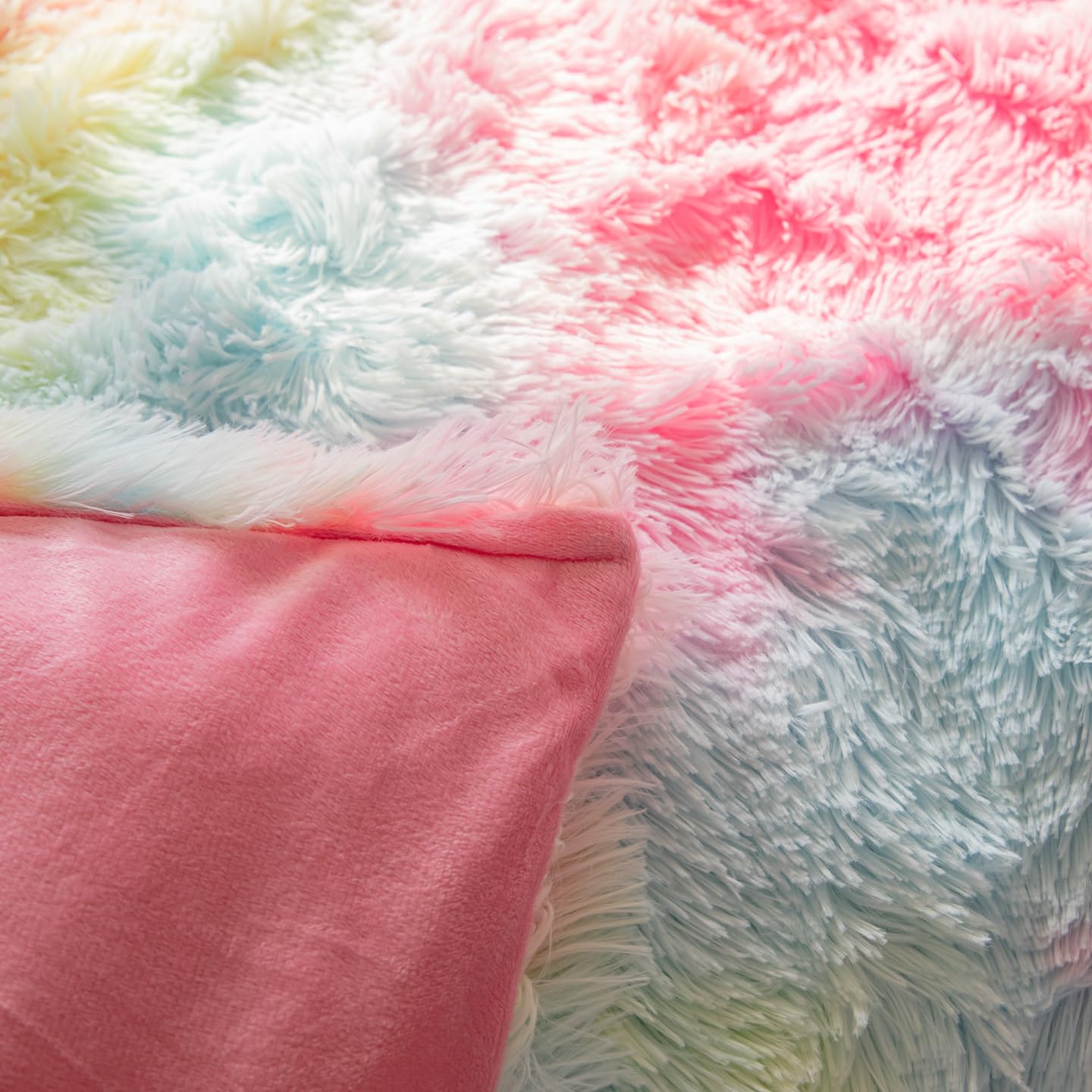 Roscloud Faux Fur Kids Girls Rainbow Comforter Sets Twin/Full - 3PC Bed Set Warm Comfortable Soft Plush Flannel Velvet Fluffy Fuzzy Bedding（Comforter x 1 Pillowcases x 2）