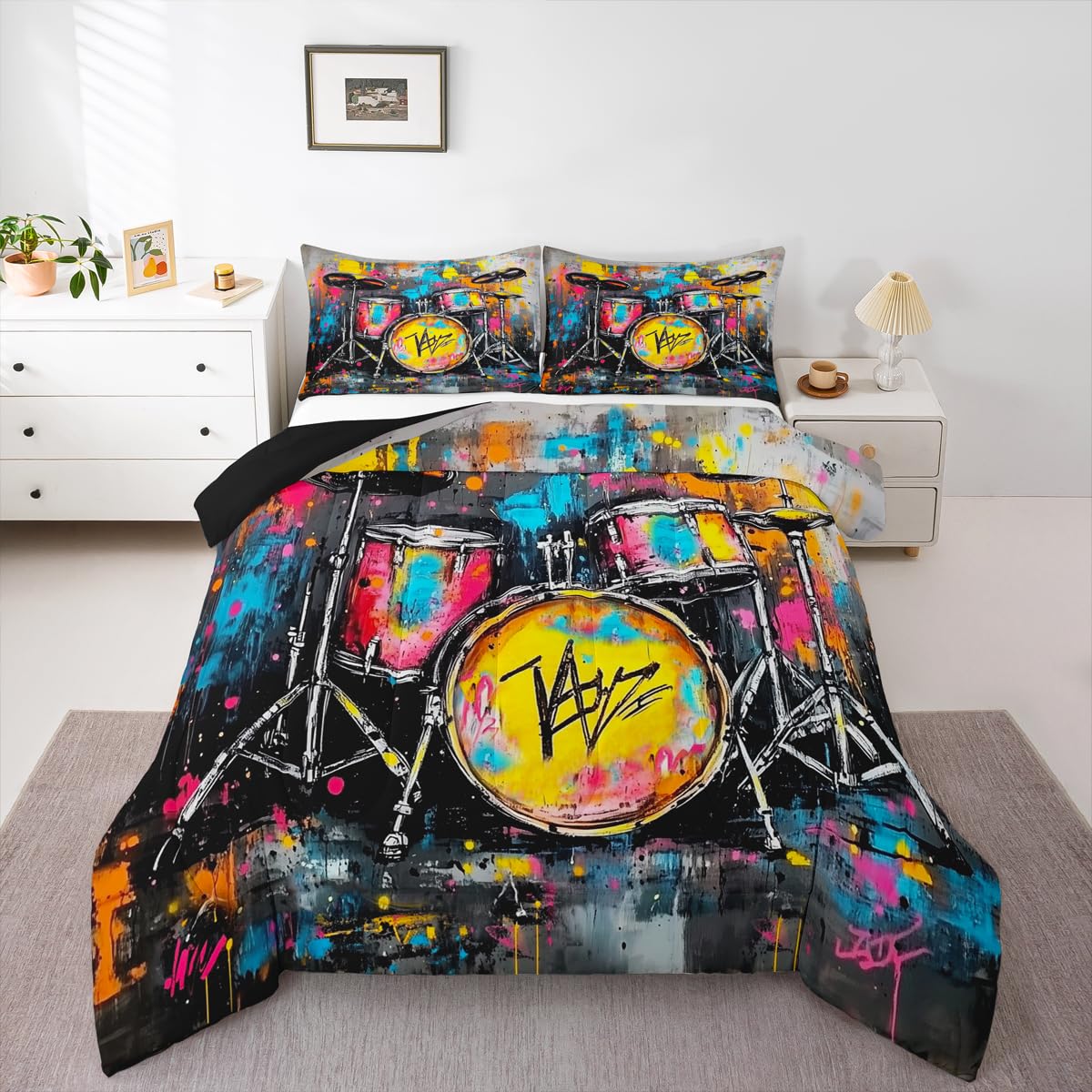 Erosebridal Rock Drum Kit Bedding Set Queen Graffiti Musical Instrument Comforter Set for Kids Boys Girls Music Theme Down Comforter,Rock Music Lovers Quilt Duvet